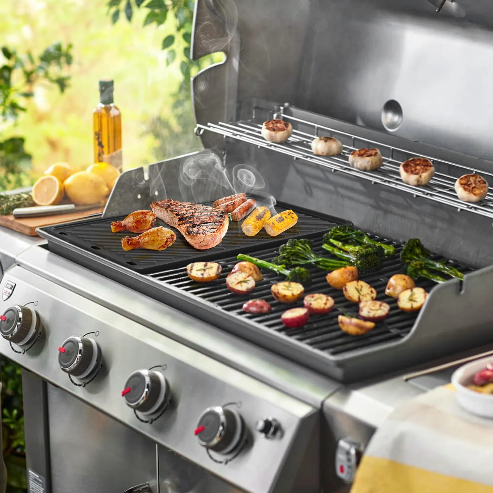 onlyfire Plaque de Cuisson Réversible 47 x 28 cm pour Barbecue à Gaz Weber Genesis II 400 LX400 - Fonte Plancha BBQ