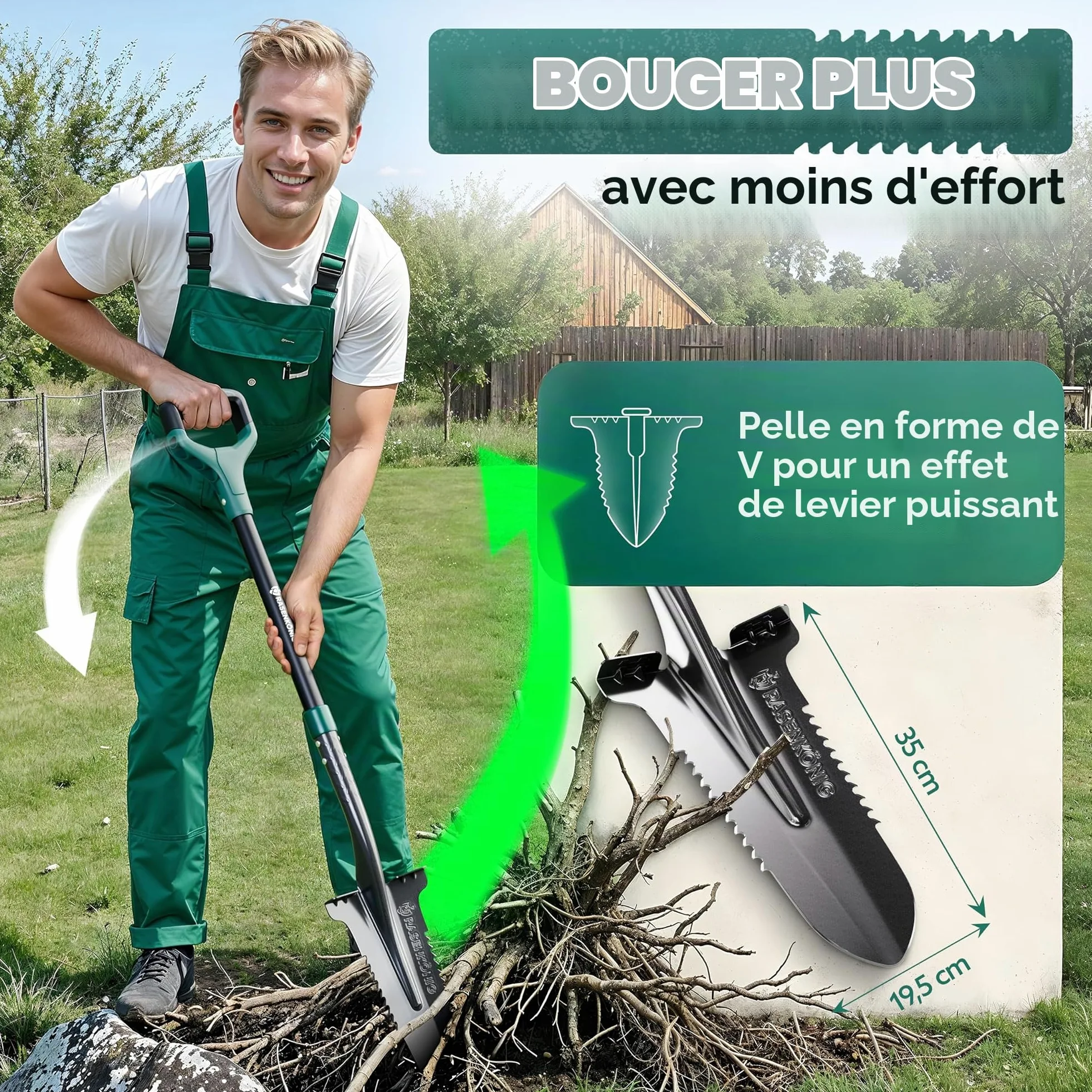 Bêche Pro avec scie à racines [vainqueur du test] Bêche pour le jardinage | avec 20 dents de scie, poignée ergonomique et large bord de marche | Bêche de jardin stable pour creuser plus