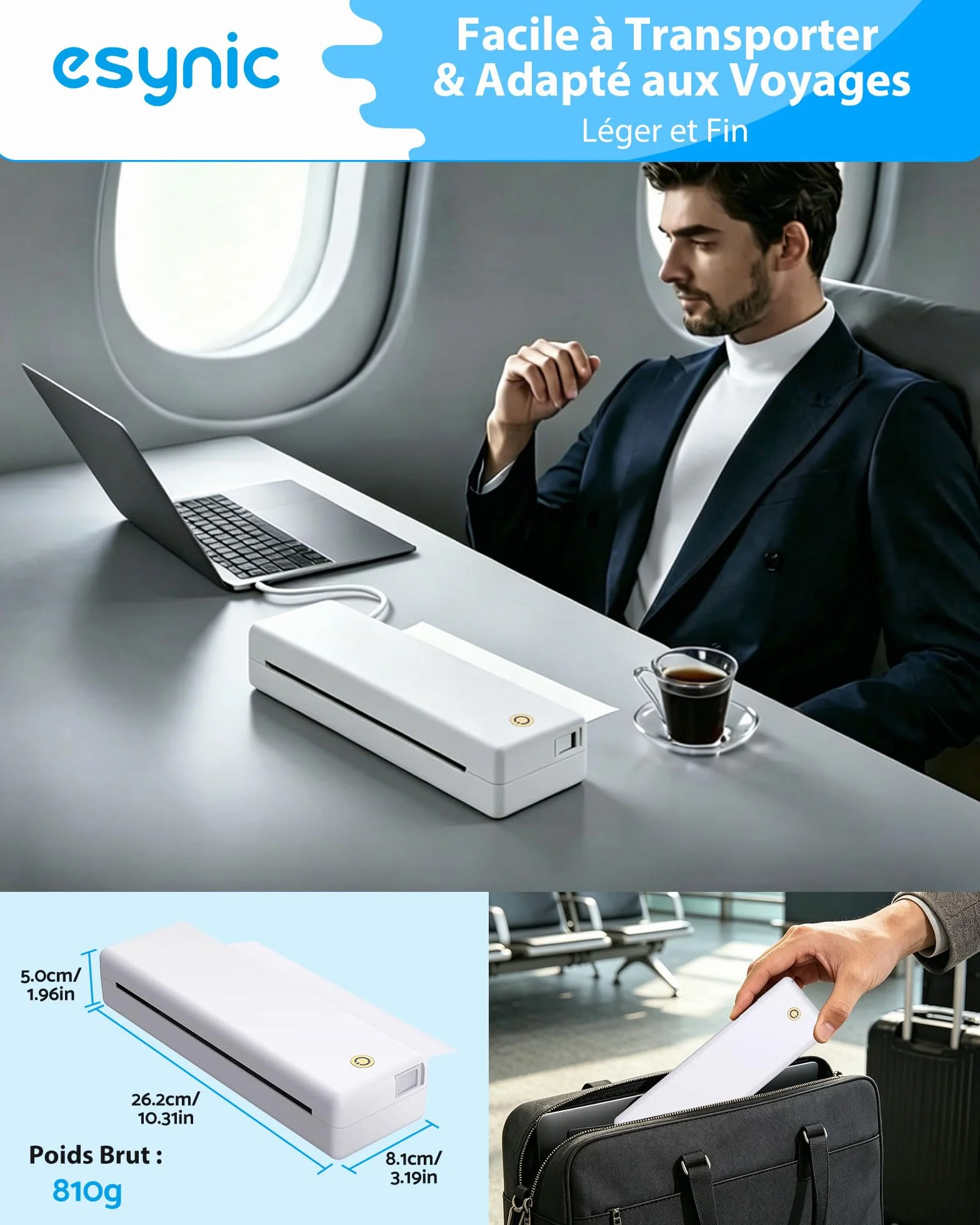eSynic Imprimante Thermique Portable A4 Bluetooth USB Compatible iOS Android Windows MacOS