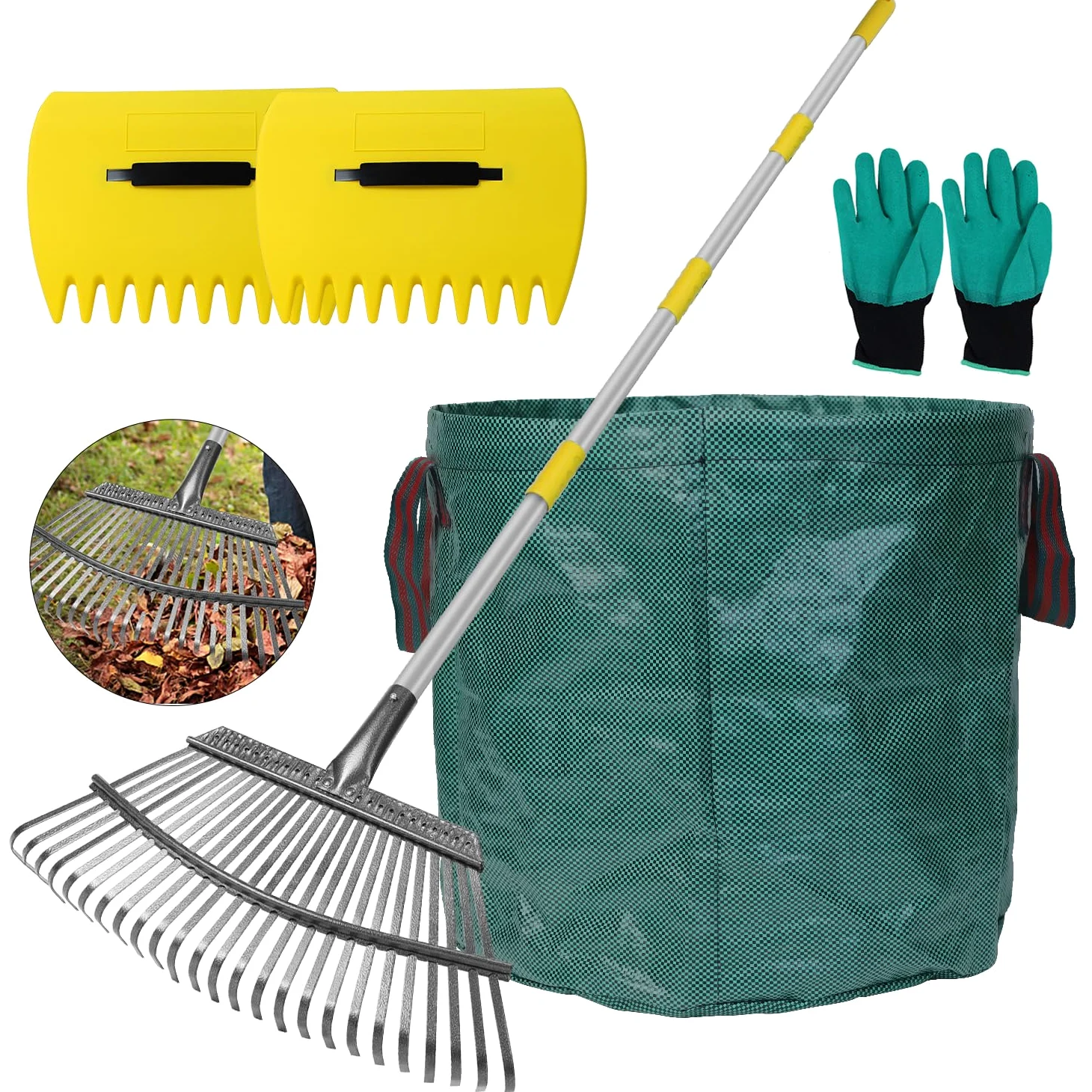 Stanew Râteau à Feuilles de Jardin, Râteau à Feuilles avec Manche Télescopique avec 25 Dents, Kit de Outillage de Jardin pour Ramasser Les Feuilles ou l'herbe Coupée (Longueur de la Tige 165CM)
