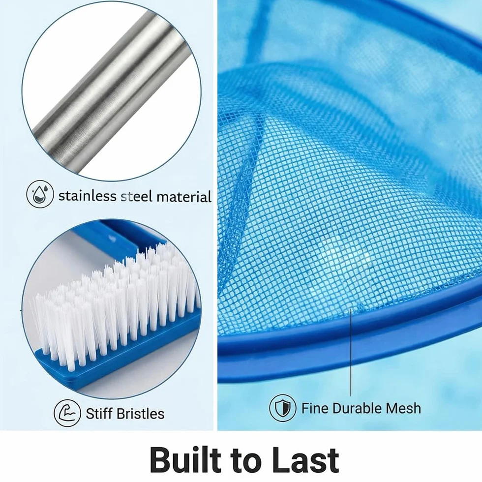Epuisette Piscine avec Manche Telescopique 225cm, Brosse et Chiffon Nettoyage