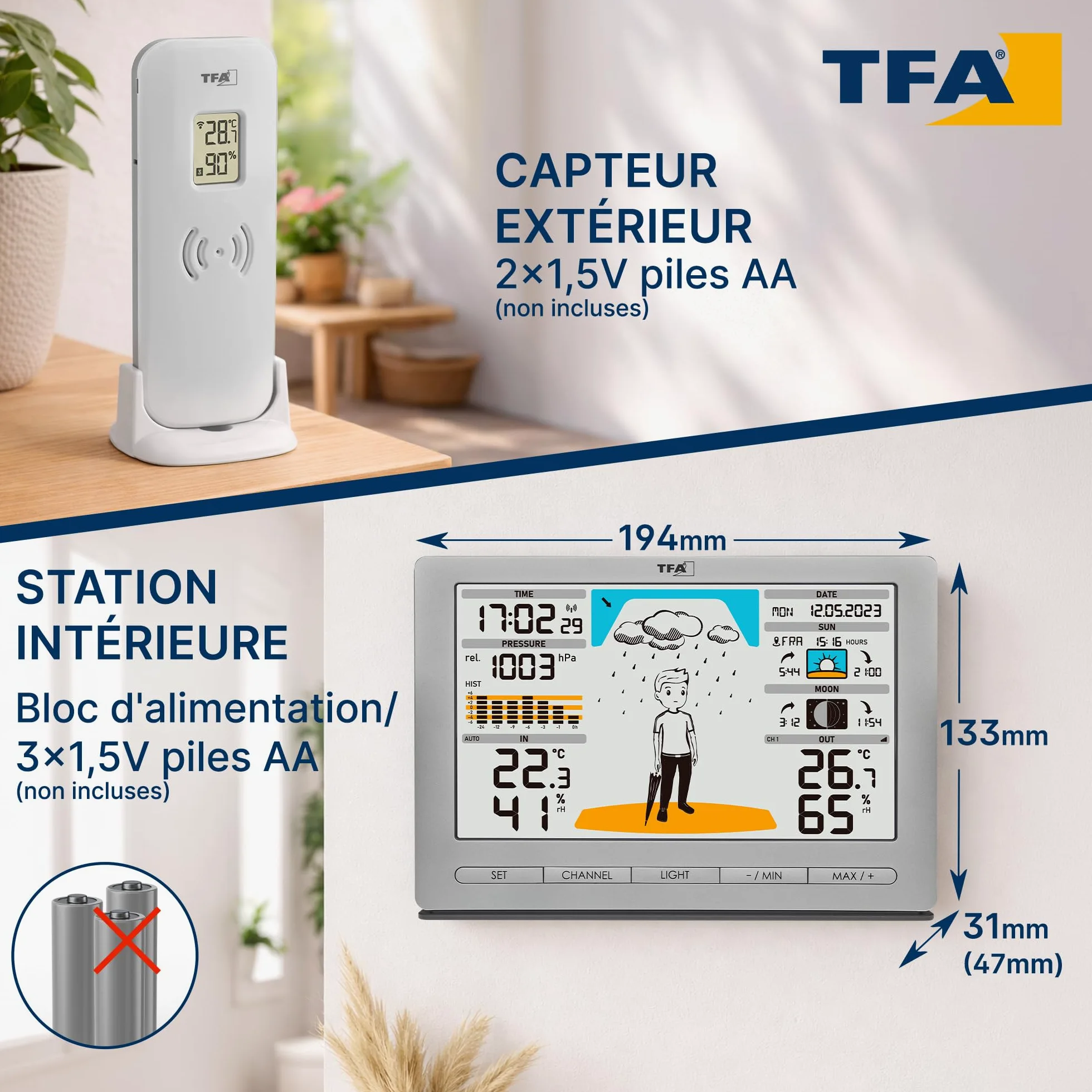 TFA Dostmann station météo sans fil METEO JACK, 35.1097.54, avec capteur extérieur, prévisions météo, pression, phase de lune, lever & coucher du soleil, argenté