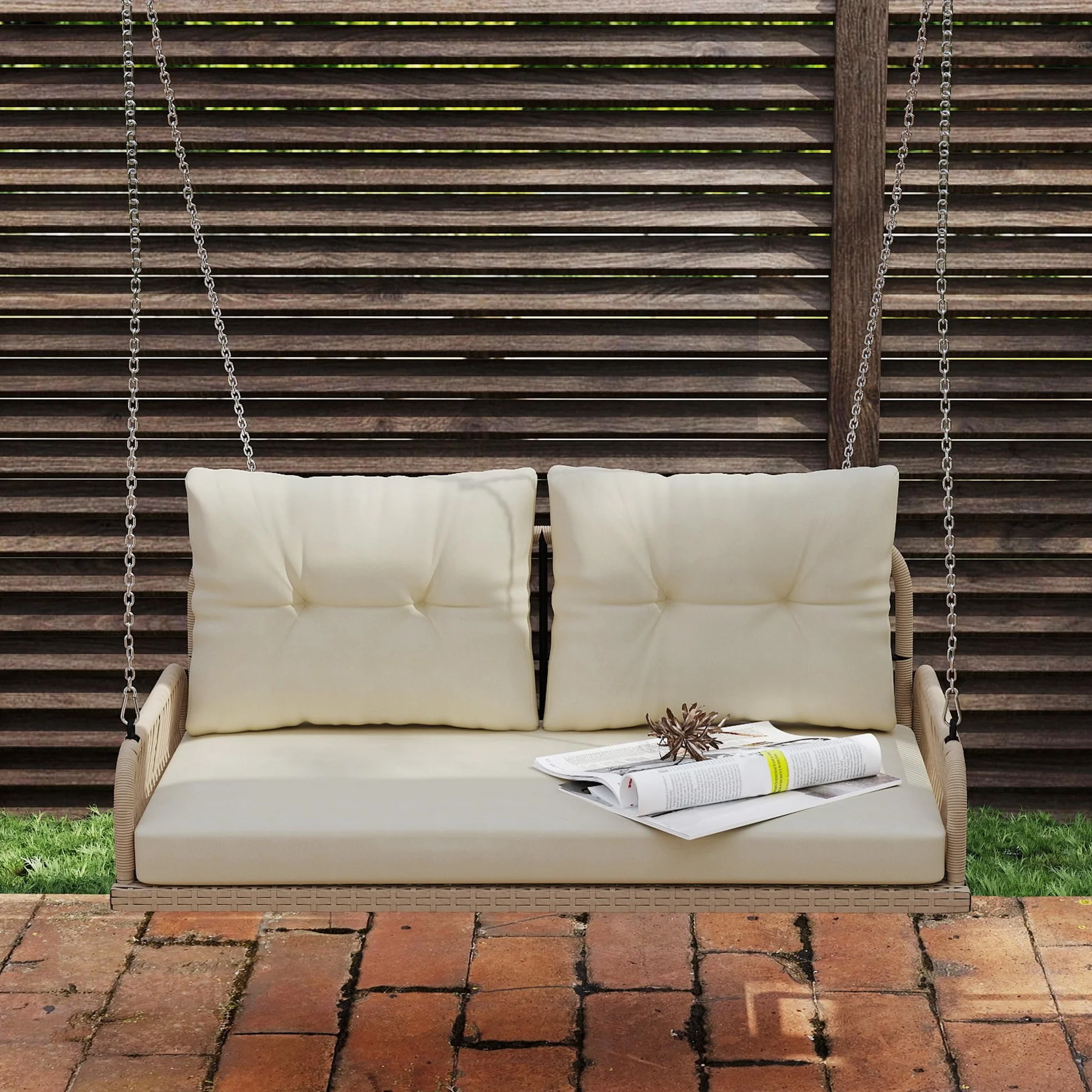 Outsunny Balancelle de Jardin en Résine Tressée 2 Places avec Coussins Amovibles, Charge 240 kg, 115x66x44cm, Beige