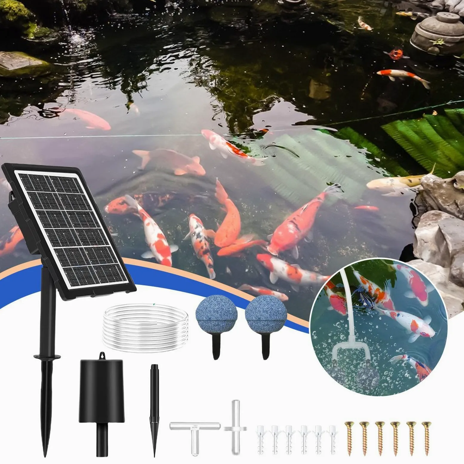 Aérateur Solaire pour Étang Oxygénateur Solaire pour Aquarium | Système D'oxygénation Avec Tuyau Et Pierre À Bulles Pour Bassin De Jardin Extérieur