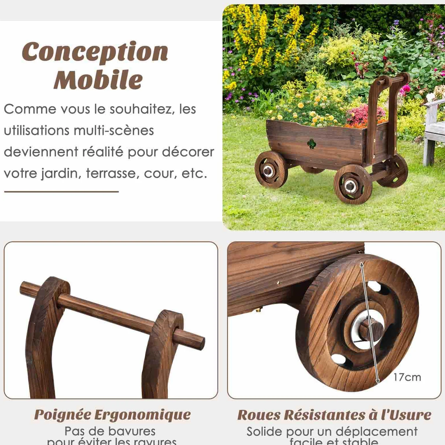 COSTWAY Brouette à Fleurs Jardinière en Bois de Sapin Carbonisé à Roues, Jardinière de Jardin avec Poignée et Trou de Drainage Charge 20KG, pour Patio Jardin Cour, 68 x 38,5 x 53,5 cm