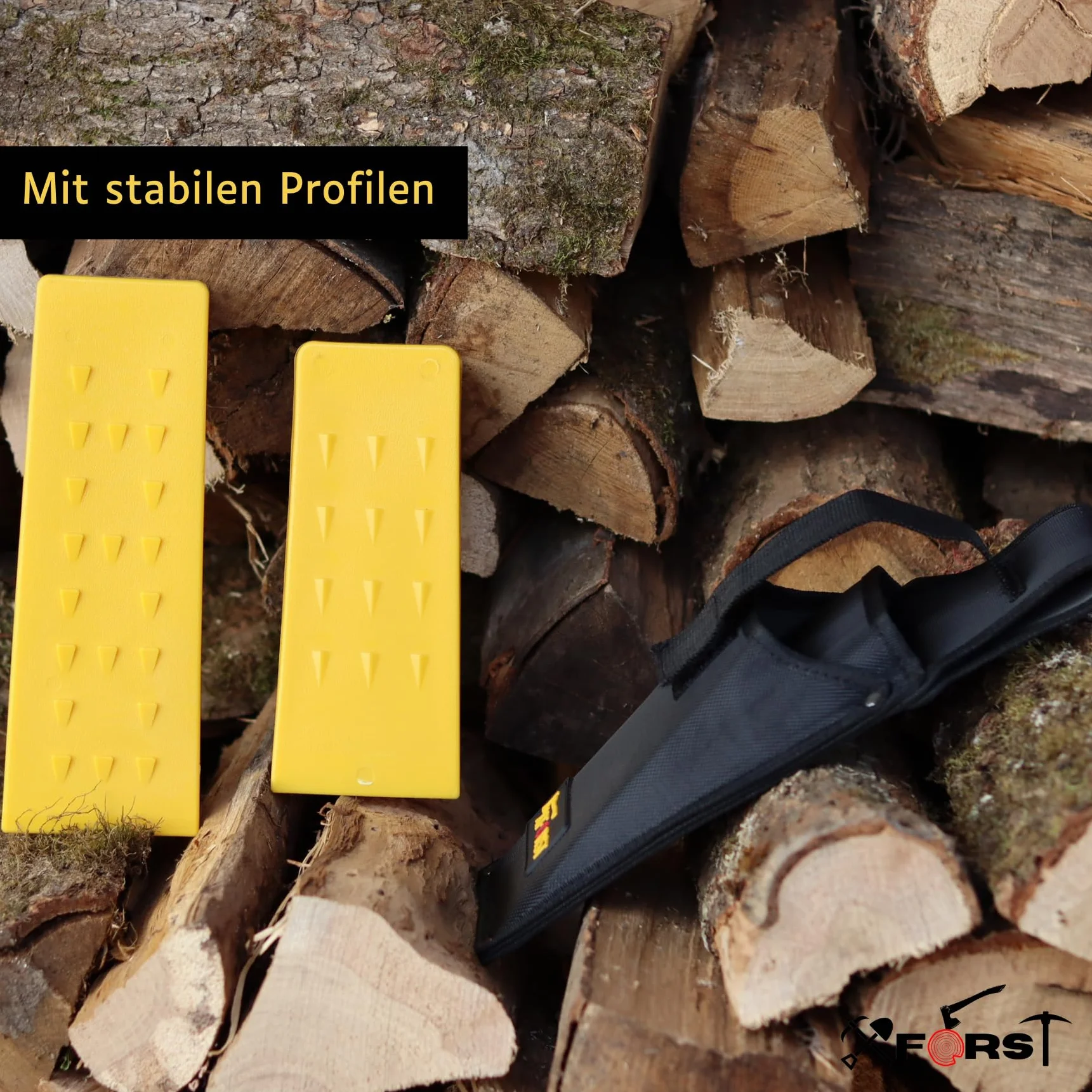 Cales d’Abattage Professionnelles Lot de 2 – Coins Forestiers 19,5 cm & 24,2 cm Plastique ABS Jaune Résistant aux Chocs et au Gel – Accessoires Tronçonneuse avec Sac
