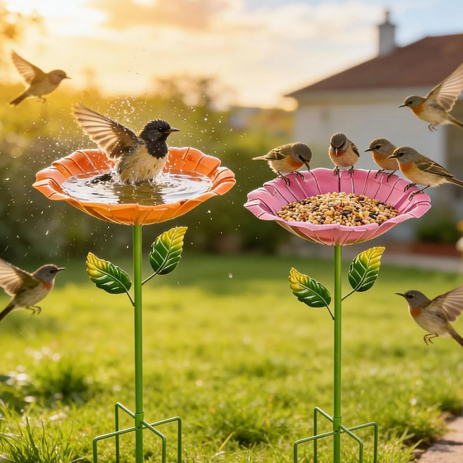 Bain d'Oiseaux 2 Pièces Abreuvoir Oiseaux Exterieur sur Pied Mangeoires pour Oiseaux Bassin Jardin