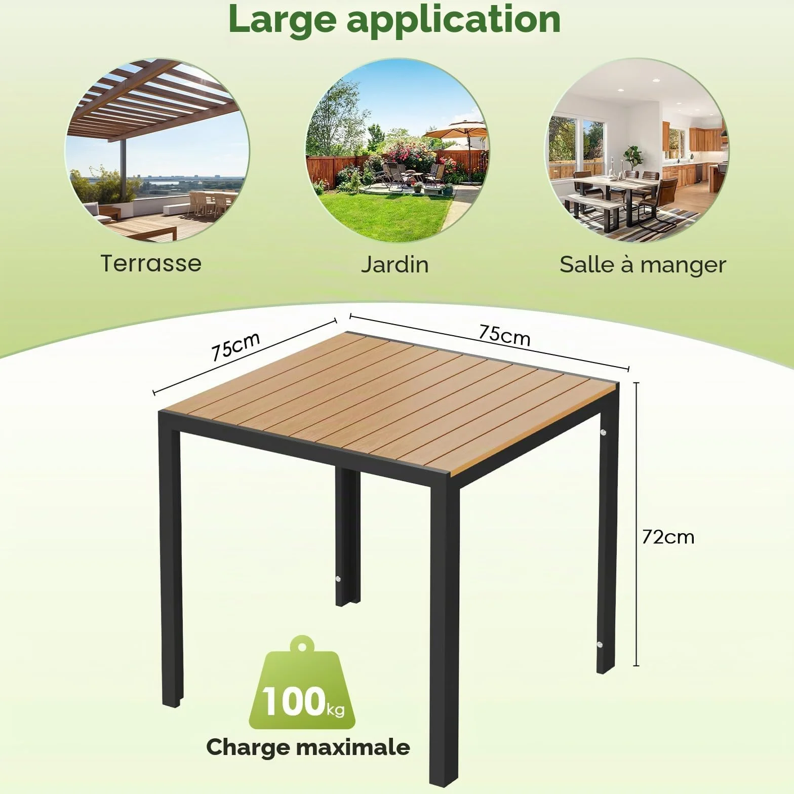 LIFERUN Table de jardin aluminium WPC 75x75 cm résistante aux intempéries Noir