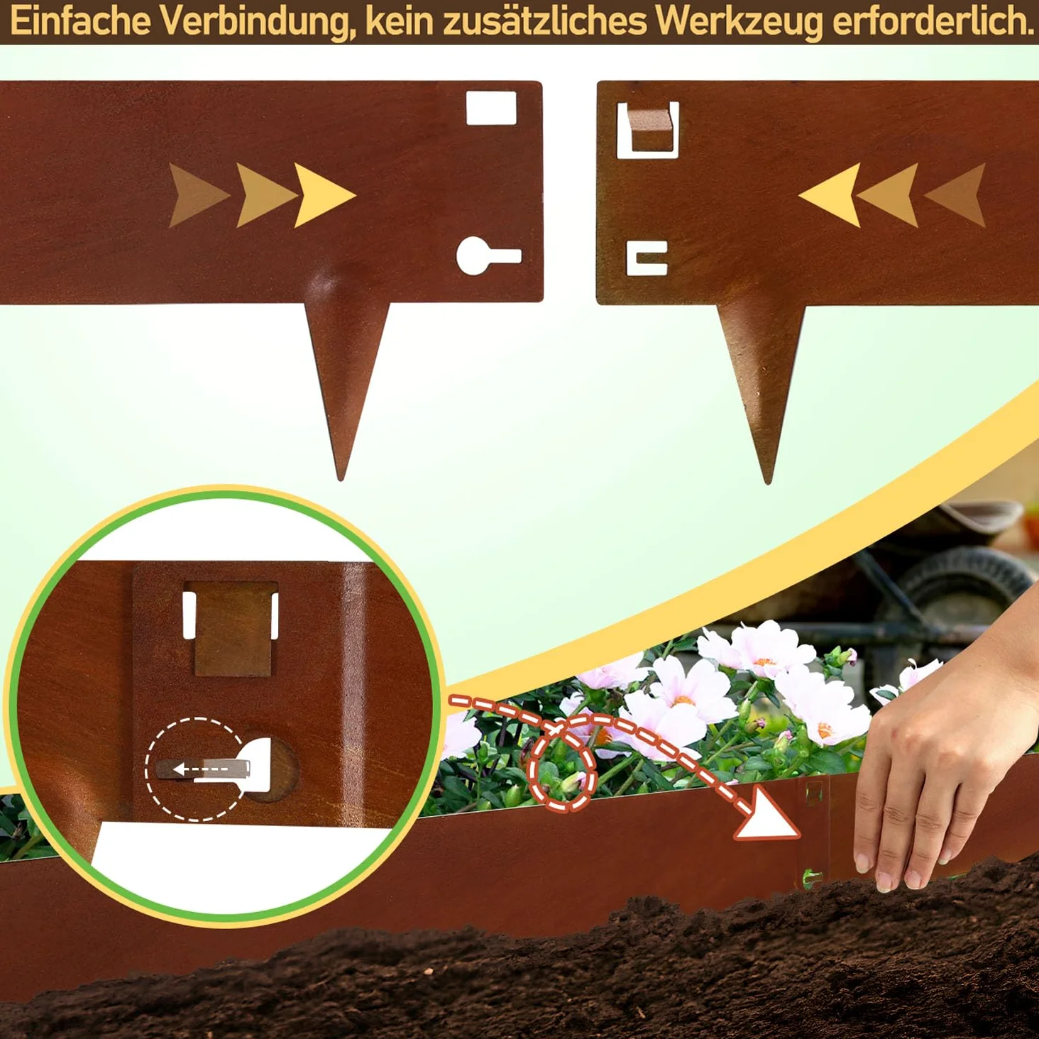 Bordure de pelouse avec épines, bordure de pelouse en métal 106 x 18 cm - Bordure de parterre flexible résistante aux intempéries - Corten rouille (longueur 45 m, hauteur 15 cm)