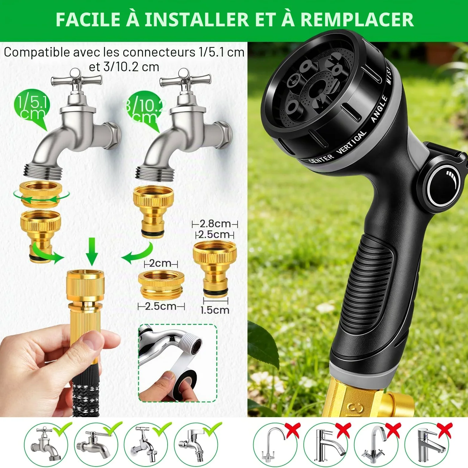 Tuyau Arrosage Extensible 45m, Tuyau d'arrosage Retractable avec 1/2" et 3/4" Adaptateur, Tuyaux d'arrosage avec 10 Modèles de Pulvérisation pour Jardin Irrigation Nettoyage Laver la Voiture