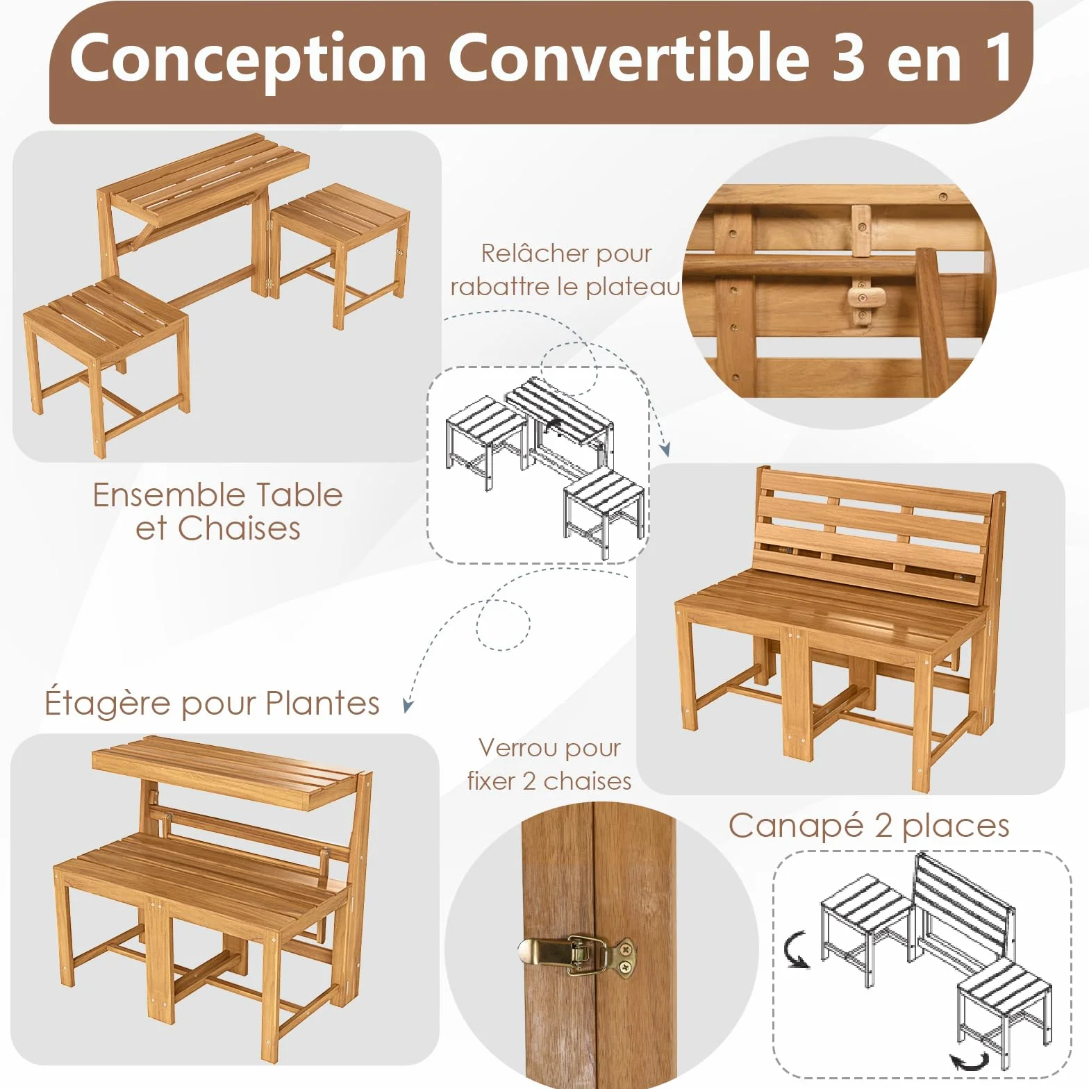 COSTWAY Salon de Jardin 3 en 1 Banc 2 Places Table Rectangulaire Chaises Extérieur Bois d'Acacia Dossiers Inclinés Siège à Lattes