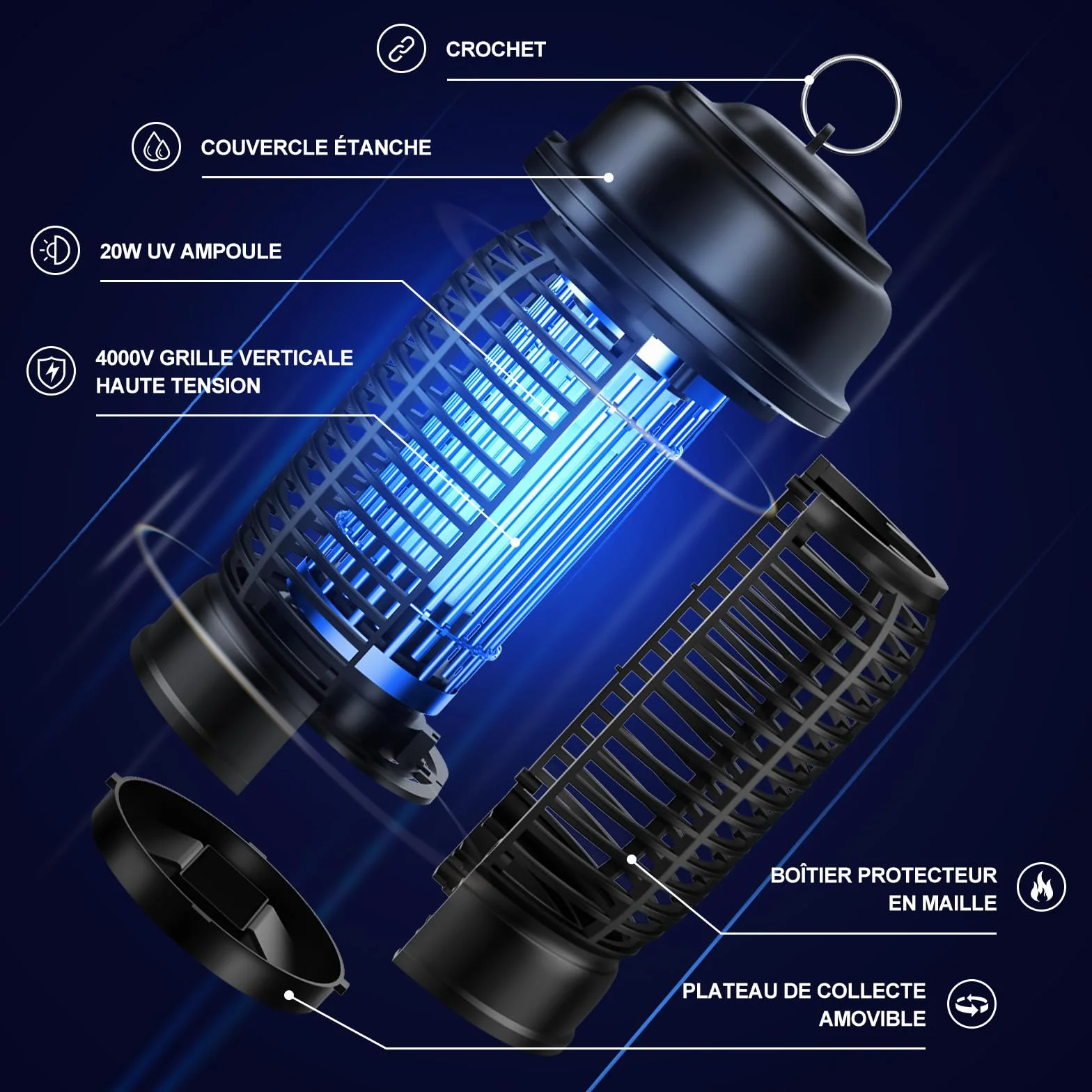 Lampe Anti Moustique 20W UV Tue Mouche Electrique 360° Tueur d'Insectes IPX4 pour Camping Intérieur Extérieur