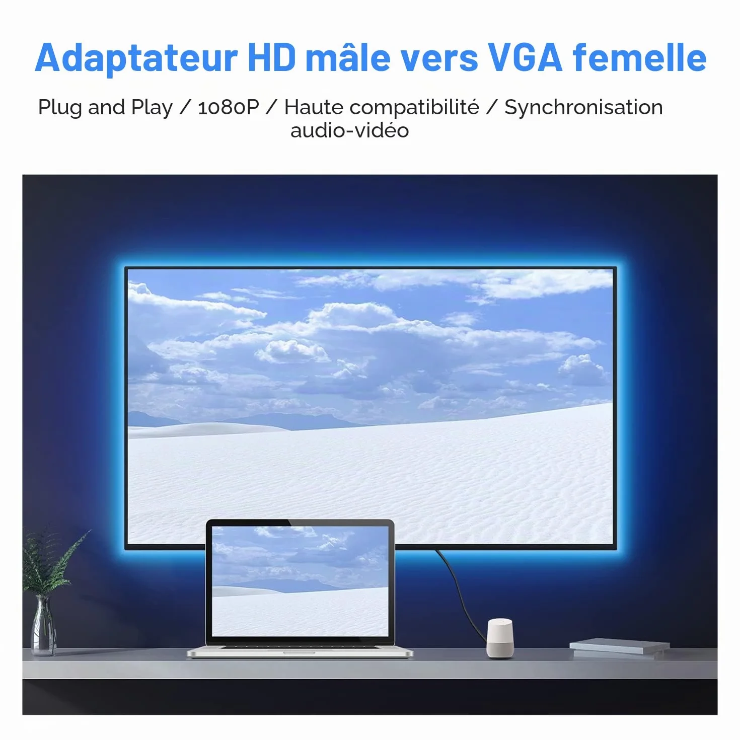 Adaptateur HDMI vers VGA Mâle Femelle 1080p avec Jack Audio 3.5mm Compatible