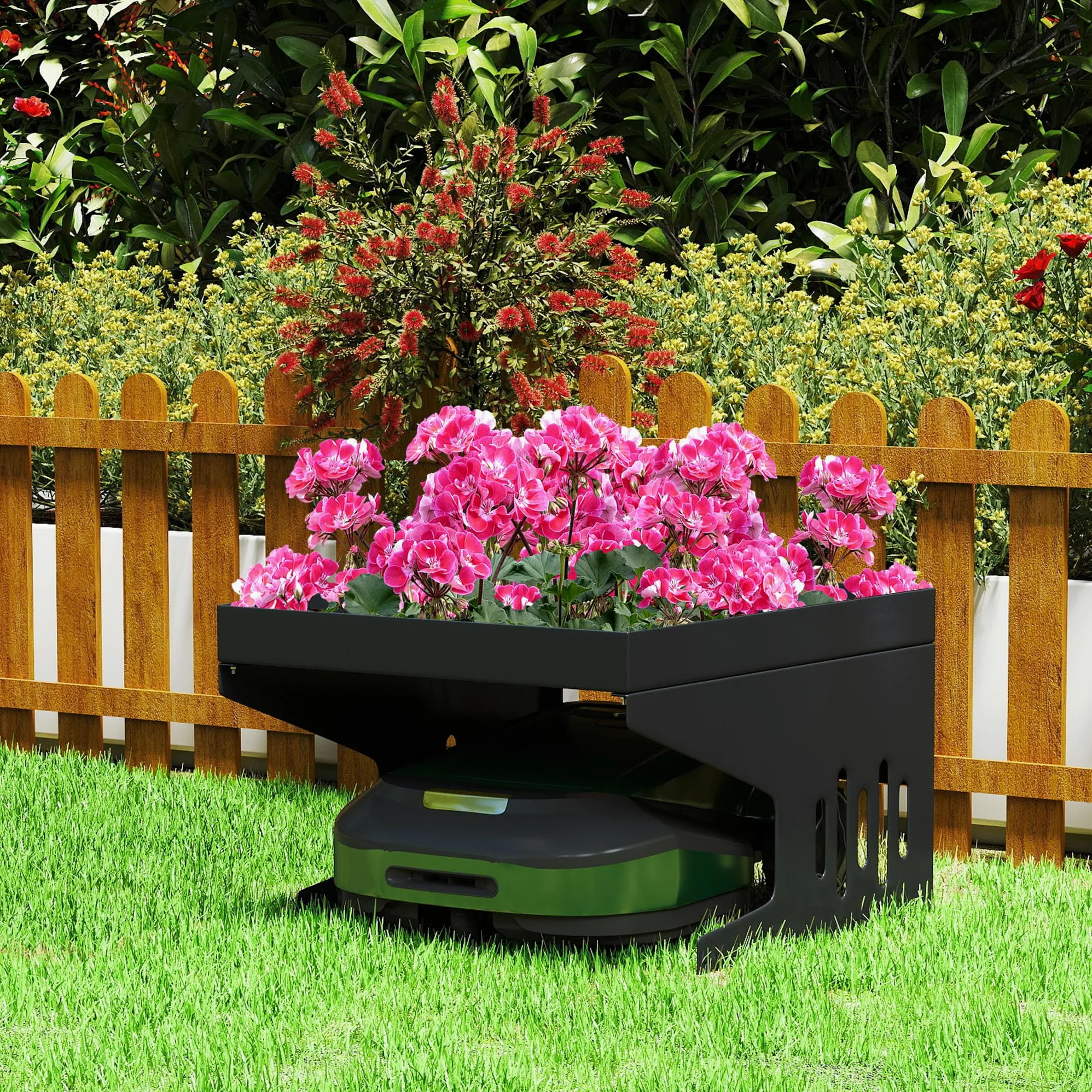 Toit de garage pour tondeuse robot - 70 x 60 x 43 cm - En métal - Protection contre la pluie et le soleil - Avec bac à plantes - Résistant aux intempéries - Pour la plupart des robots à gazon