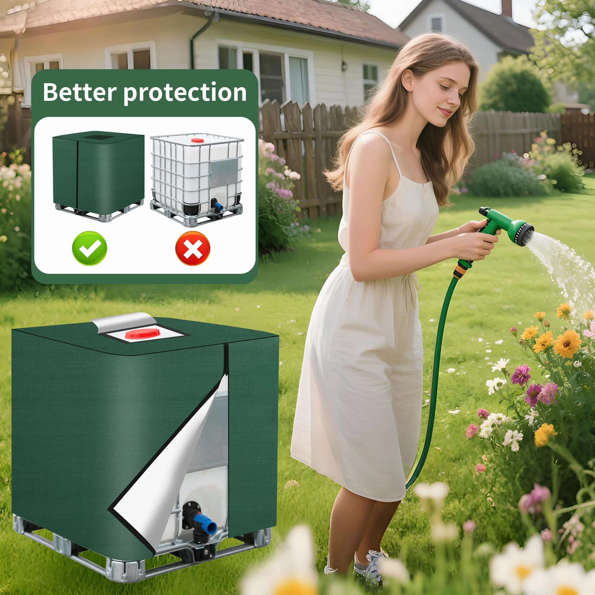 Bâche pour Cuve IBC 1000L Housse Protection Anti-UV Anti-Poussière Fermeture Éclair Vert 116x100x120 cm