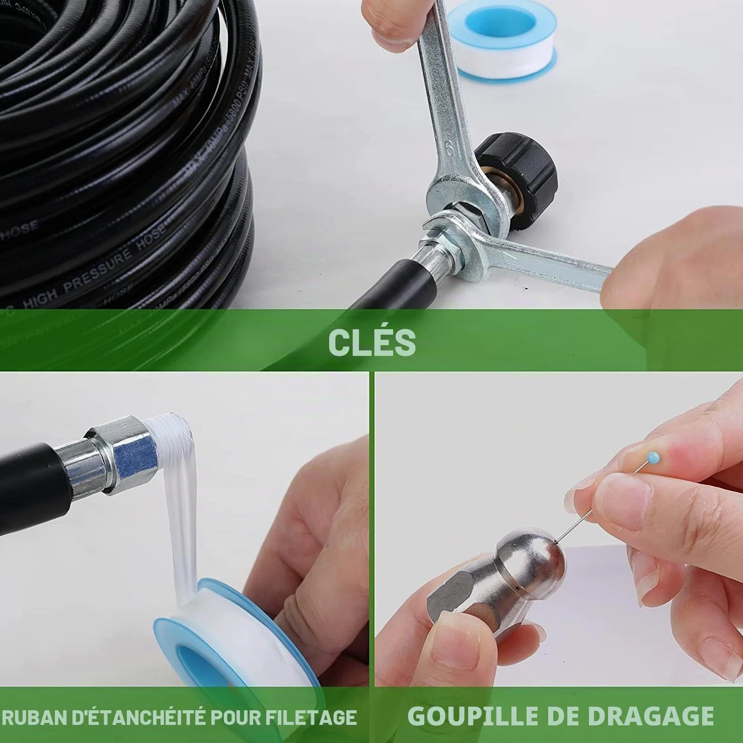 YUET 15M Tuyau Déboucheur Canalisation pour Kärcher série et LAVOR | pour Nettoyeur Haute Pression avec Buse à Jet et Buse Rotatif, Kit de Tuyau avec Adaptateurs pour Karcher K2/K3/K4/K5/K6/K7