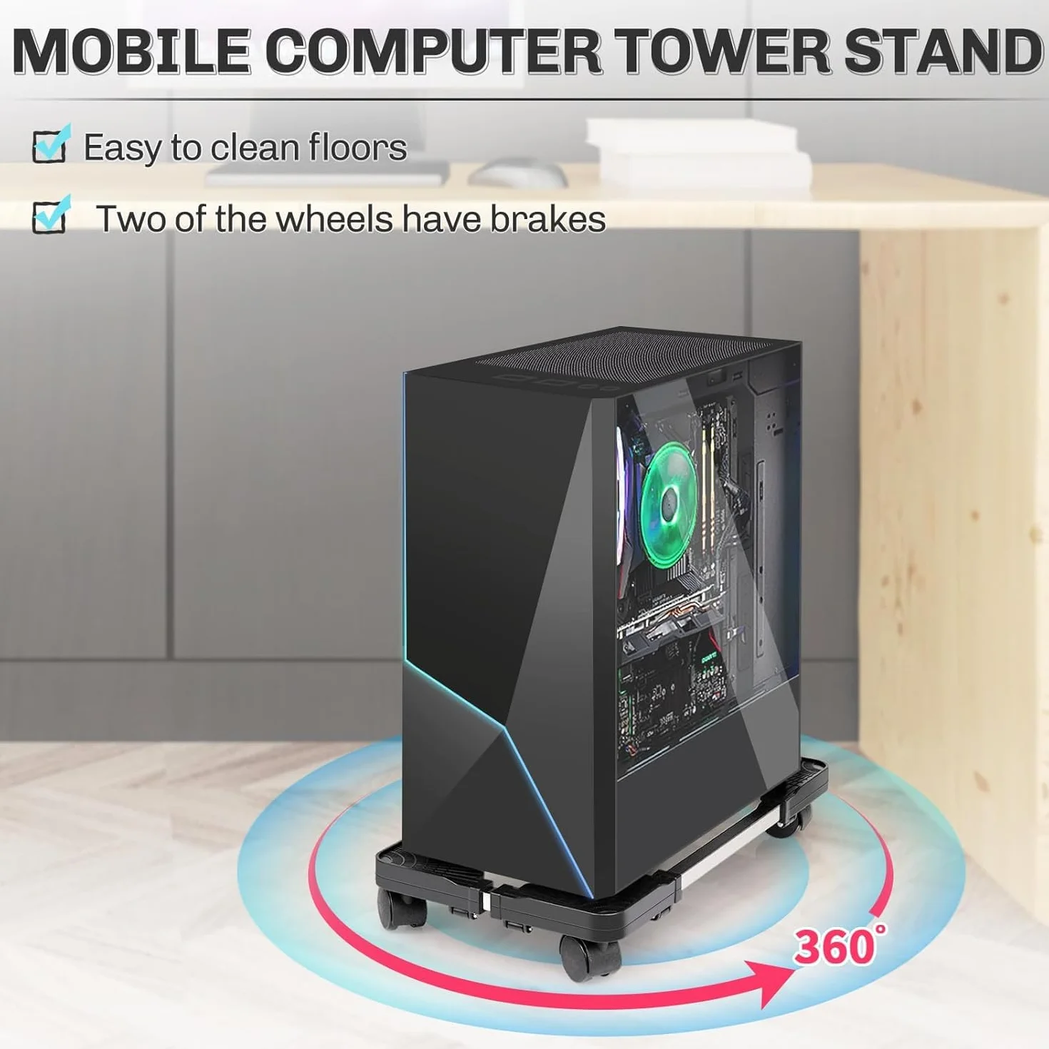 Support PC Fixe Réglable Stand avec 4 Roues Roulettes, 2 Roues Verrouillables Noir