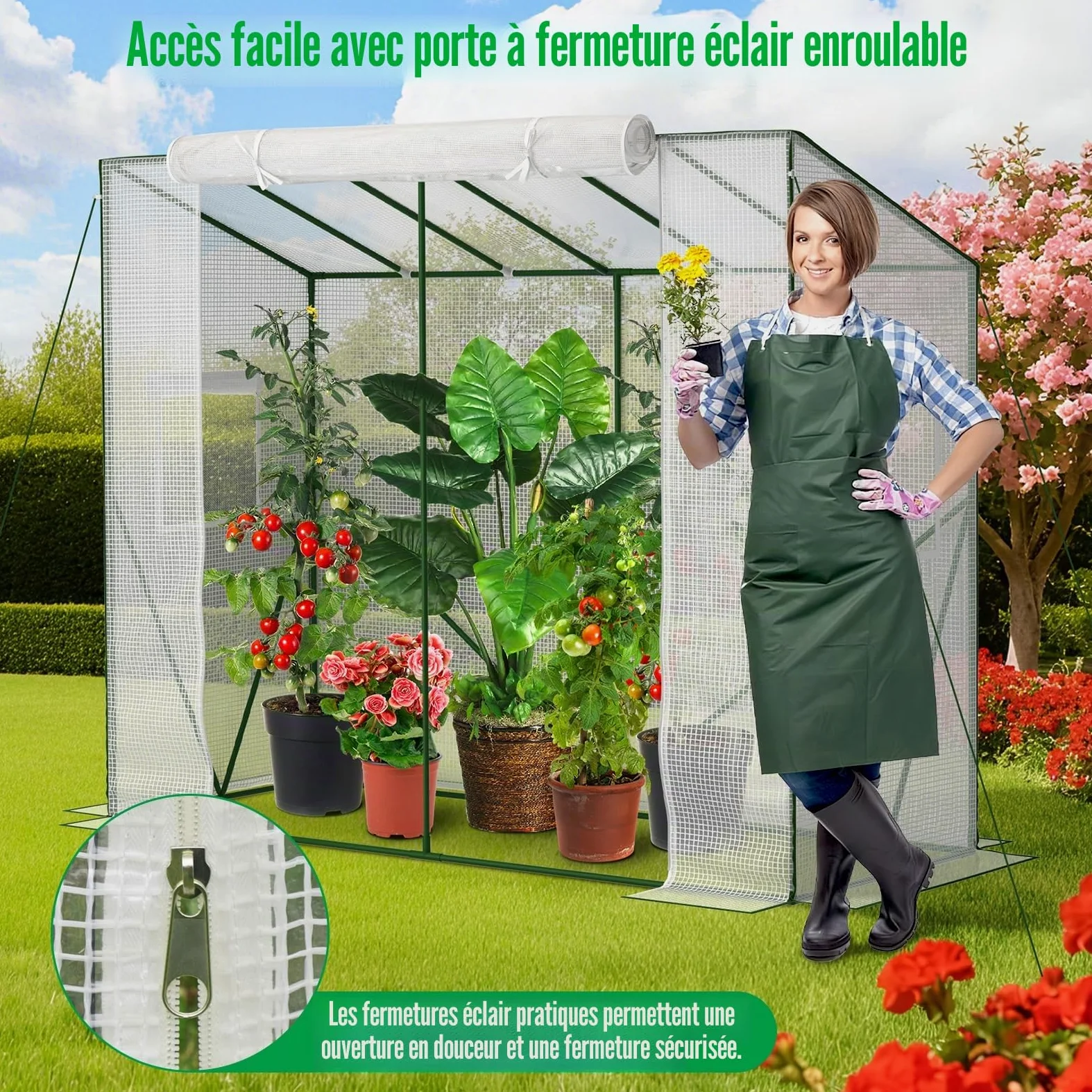 Velway Serre de Jardin Toutes Saisons - Serre d’Hivernage en PE 140 g/m² Imperméable avec Fenêtre d’Aération pour Tomates Légumes Plantes Fleurs - Toit Incliné Blanc Translucide 208x81x170/141cm