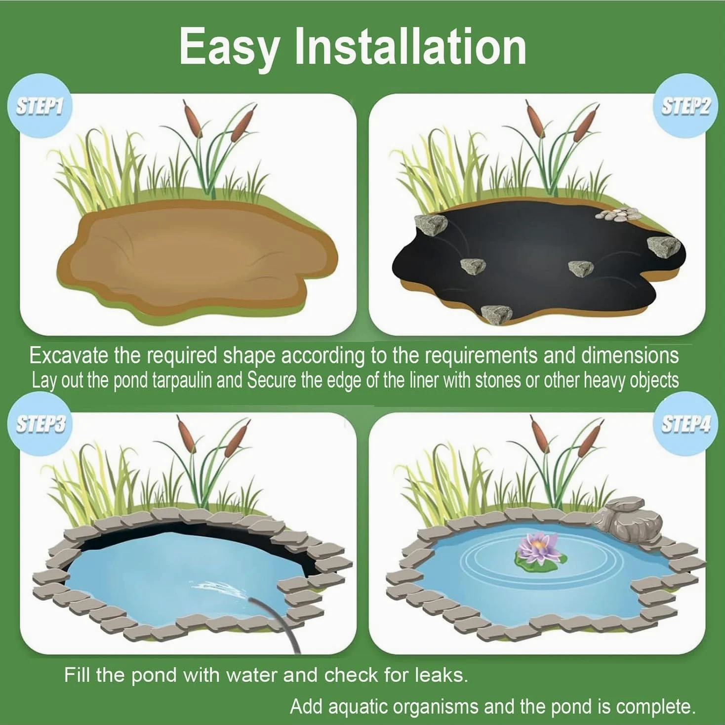 Bâche pour Bassin 8x10m HDPE Bâche D'étang 6x8m Doublure D'étang Étanche 4x6m Revêtement pour Bassin À Poisson Bâche pour Étang pour Étangs à Poissons, Cascades, Fontaines, Jardins Aquatiques(10 x 26f