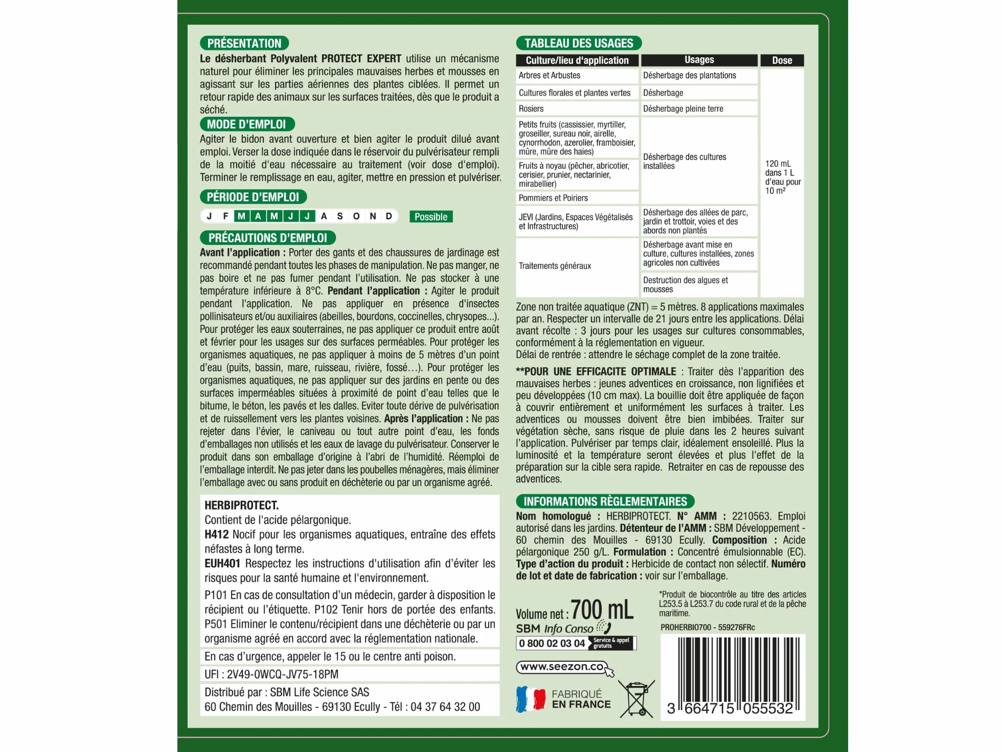 PROTECT EXPERT Désherbant Polyvalent Concentré 700ml PROHERBIO700 Jusqu’à 58m²
