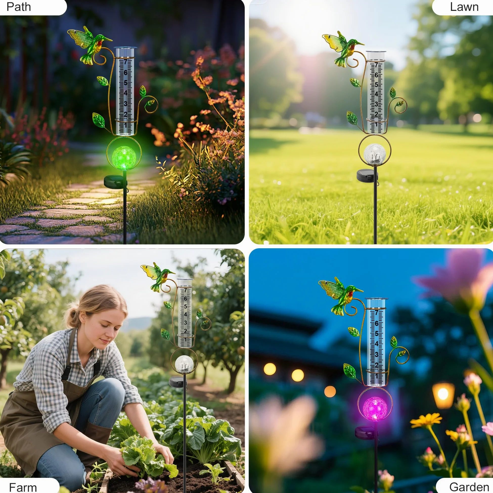 Pluviomètre d'extérieur – Jauge de pluie solaire en forme de colibri décorative avec lumières LED à changement de couleur en forme de boule fissurée de 17,8 cm Tube résistant au gel pour l'extérieur