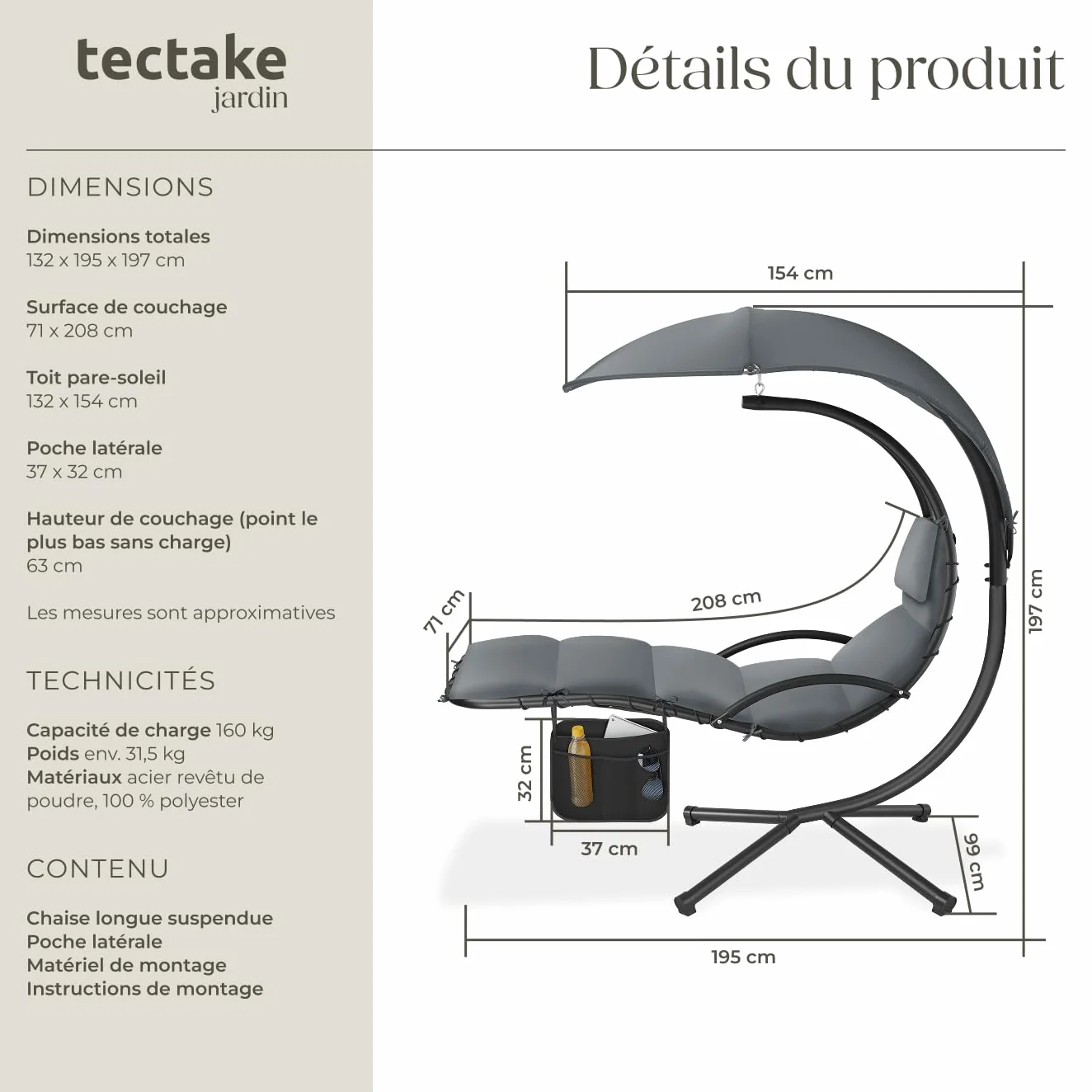 Bain de Soleil Suspendu avec Support, Parasol, Matelas, Protection UV et Poche Latérale