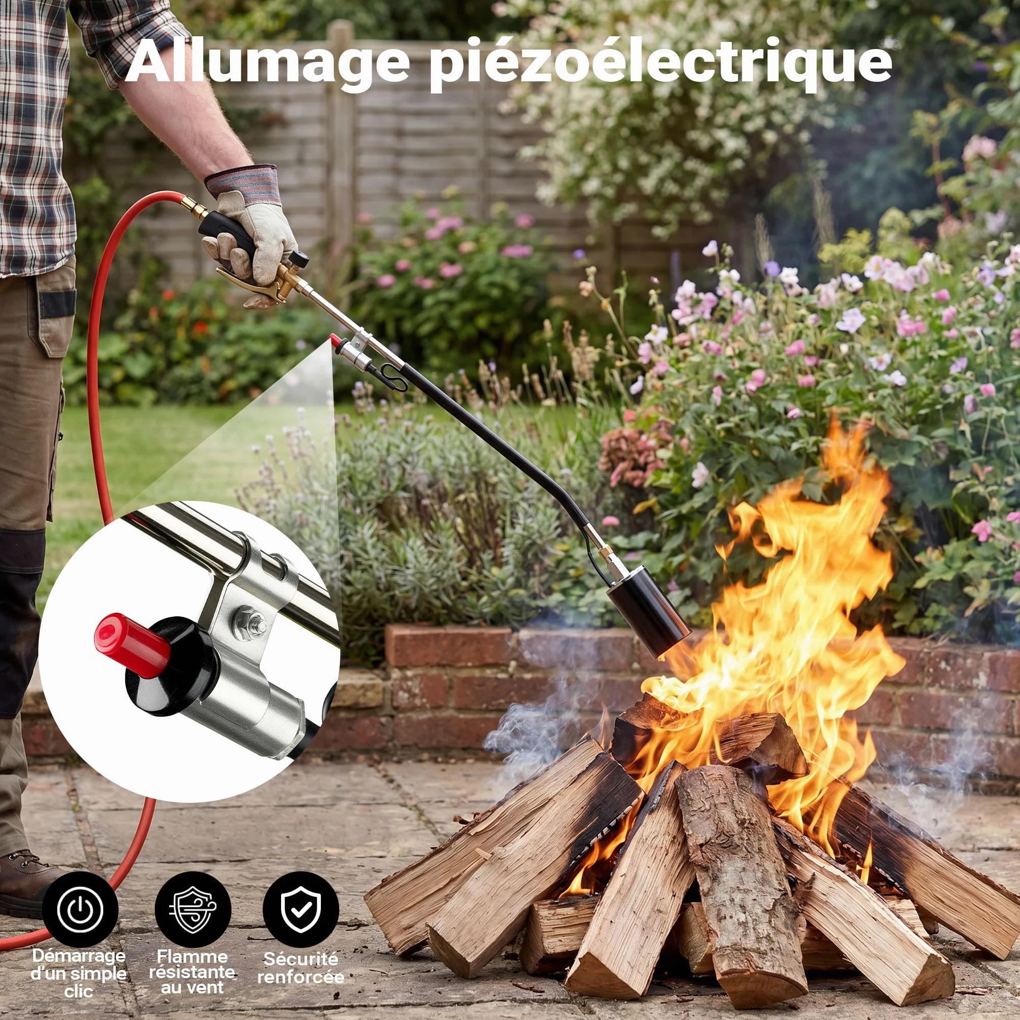 Wiltec Brûleur de mauvaises herbes avec allumeur piézoélectrique jusqu'à 1850 °C dispositif de combustion de 120 kW, appareil de flammage pour mauvaises herbes, brûleur de toiture avec tuyau de 5 m