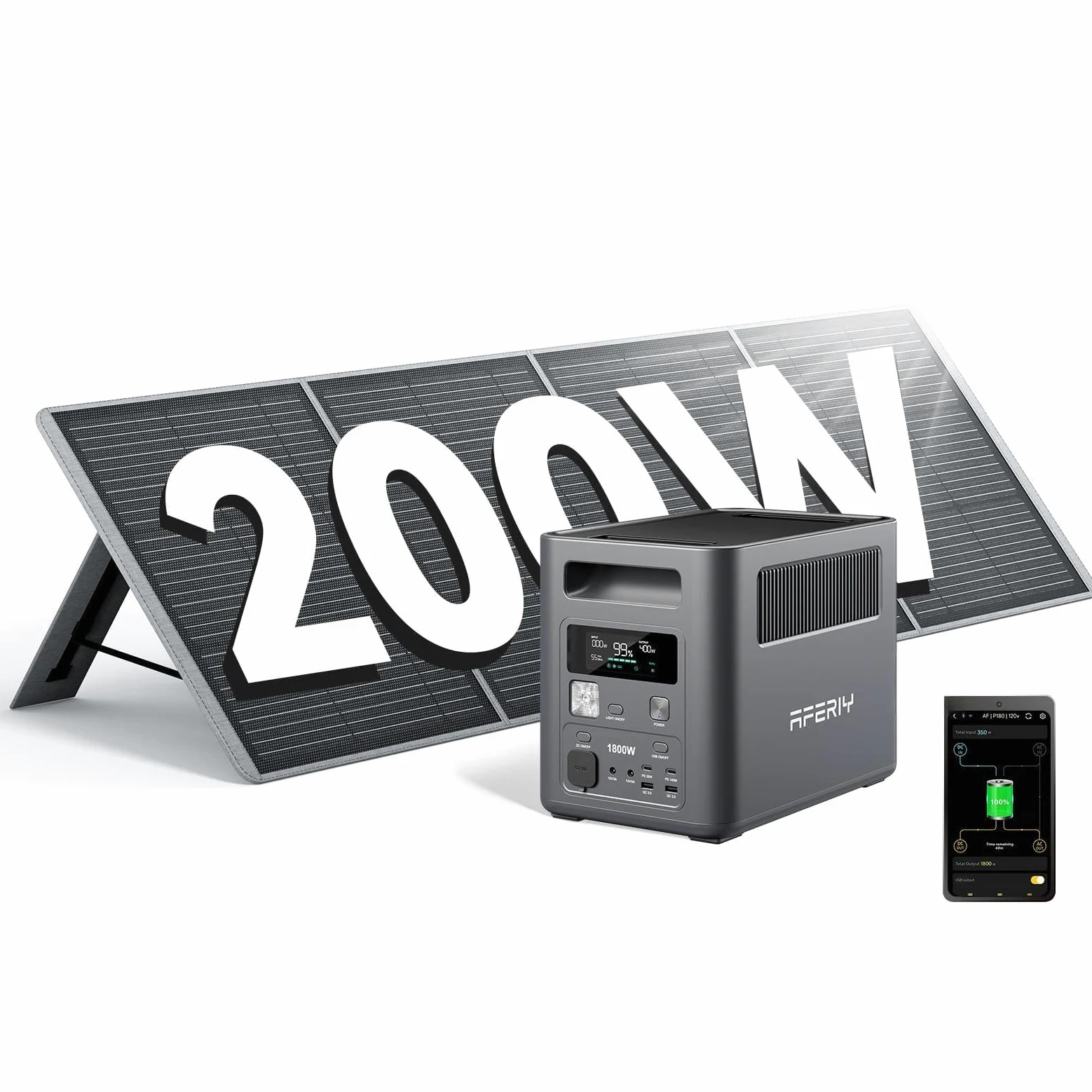 AFERIY P180 Générateur Électrique Portable 1024Wh avec Panneau Solaire Pliable 200W, Batterie Nomade Solaire 1800W(3600W pic), Recharge de 0-99% en 60 Min, Station Électrique pour Camping/Maison/RV