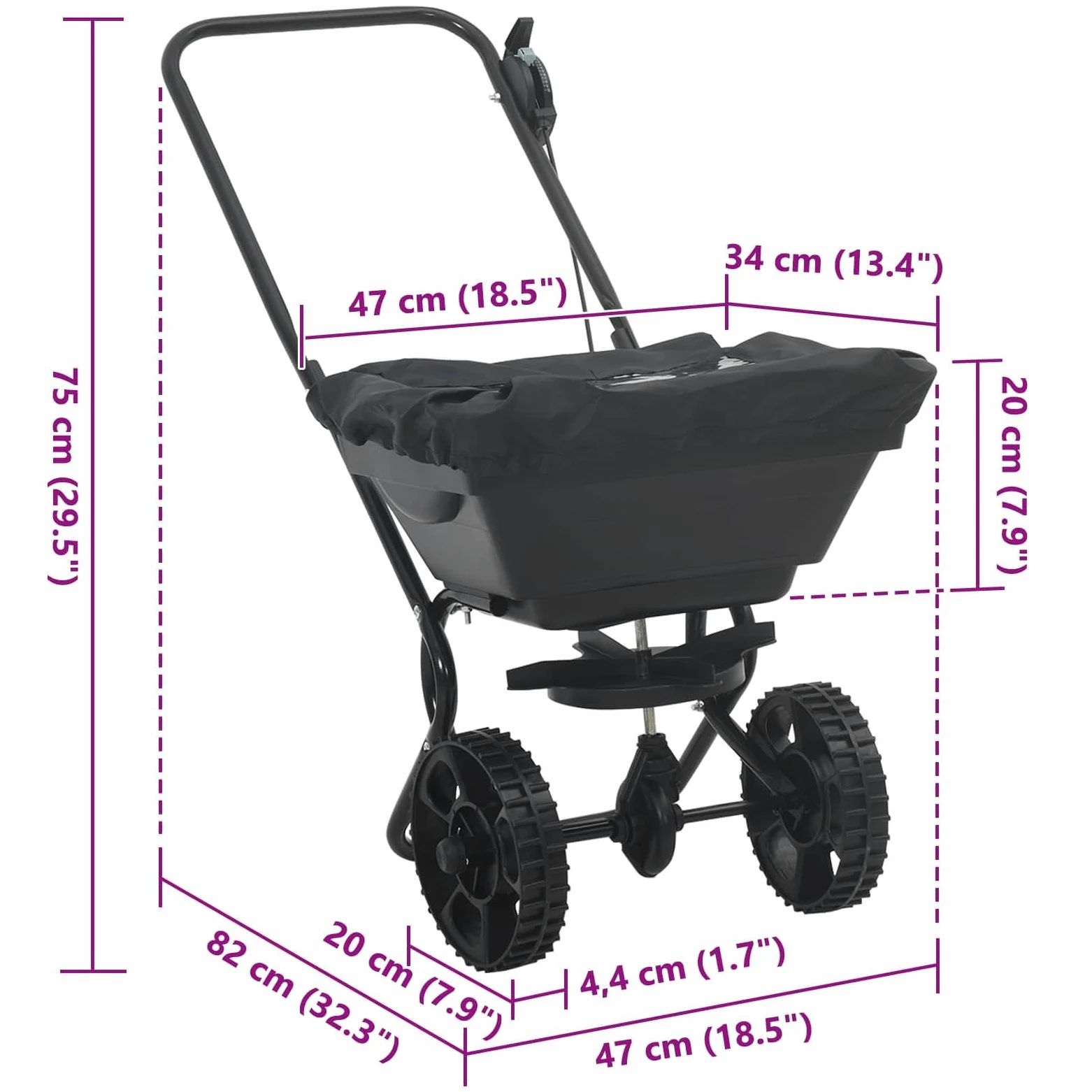 Épandeur Noir 82 x 46 x 75 cm PVC et Acier pour Jardinage extérieur, Distribution régulière de semences, Engrais, fertilisants, pelouse, terreau, Pratique et Robuste