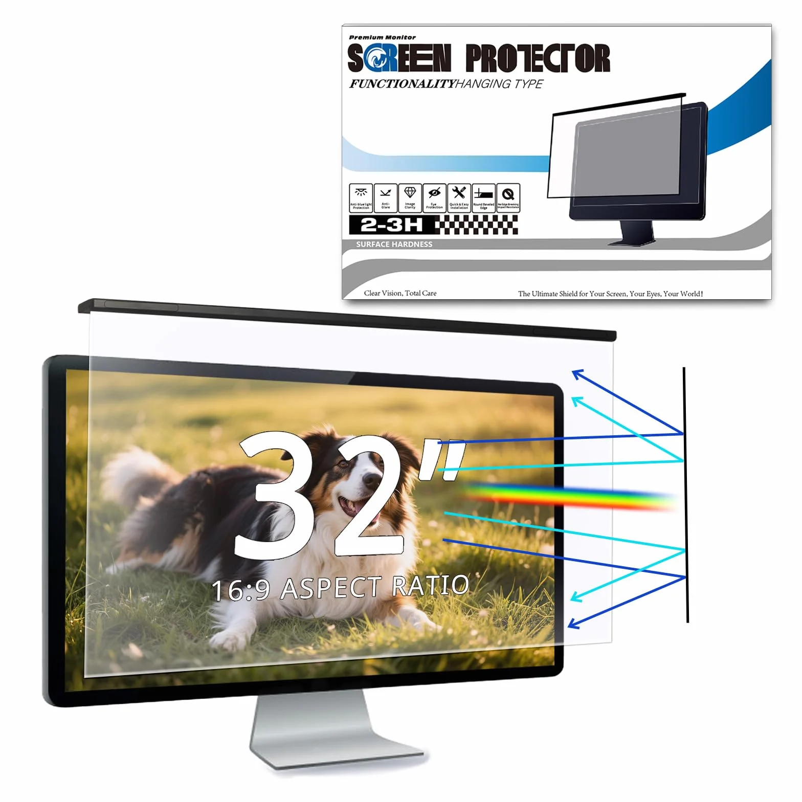 Filtre d'Écran Anti-Lumière Bleue 32 Pouces pour Moniteur 16:9 Protection Anti-UV Anti-Reflet Anti-Éblouissement 72,3 x 42,9 cm