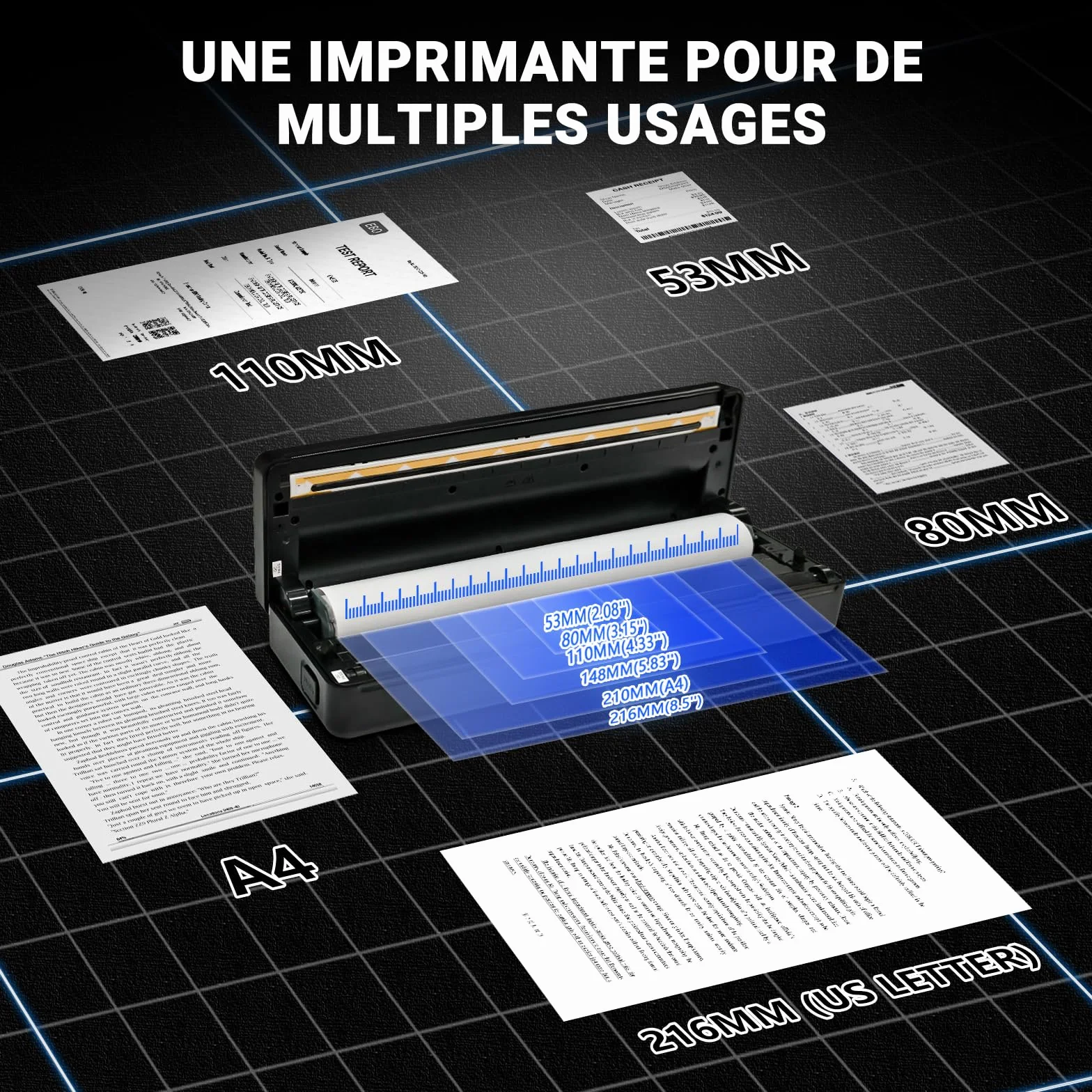 Imprimante Thermique A4 sans Fil Bluetooth Portable pour Voyage Compatible iOS Android Noir