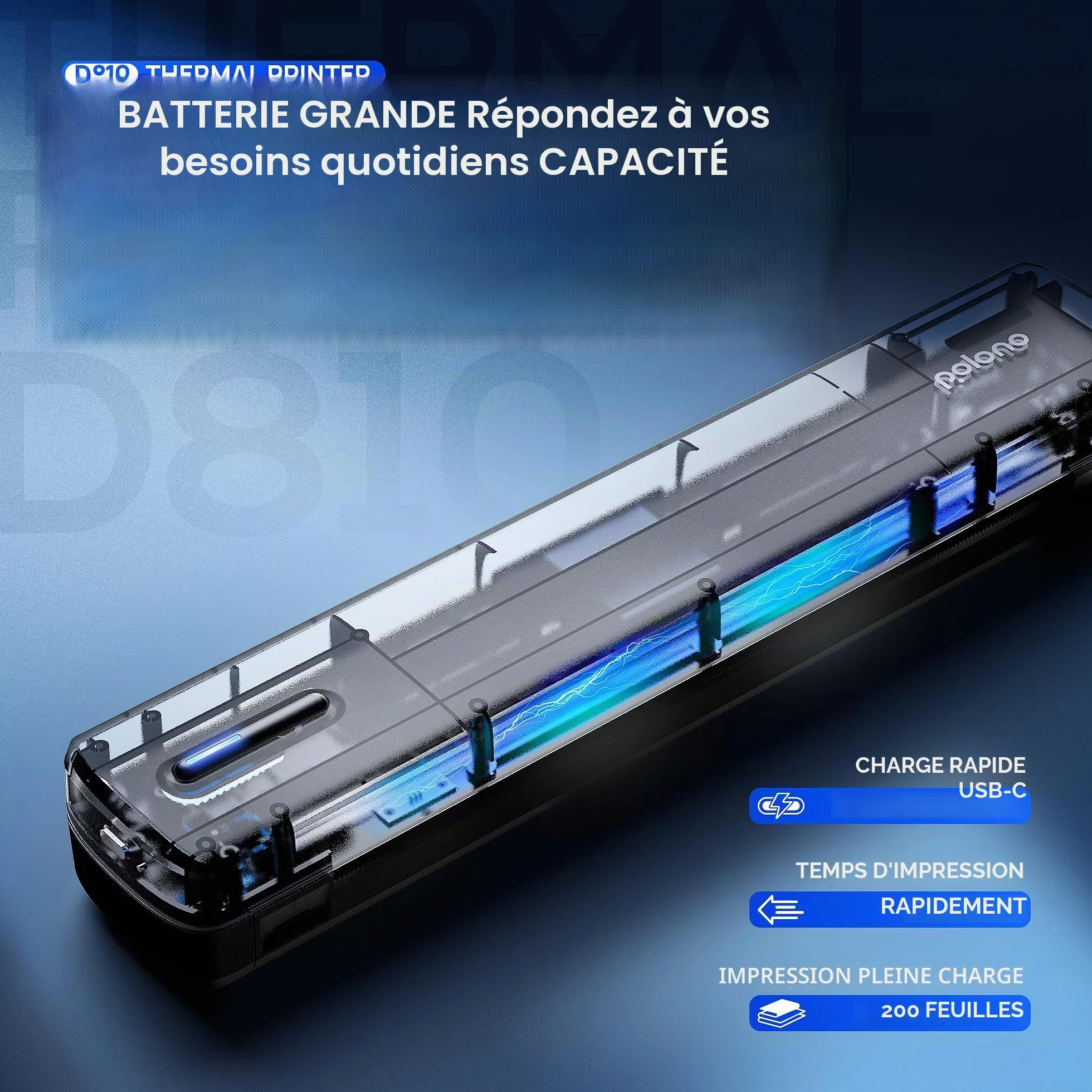 POLONO Imprimante thermique A4 sans fil portable pour voyage, compatible iOS Android ordinateur