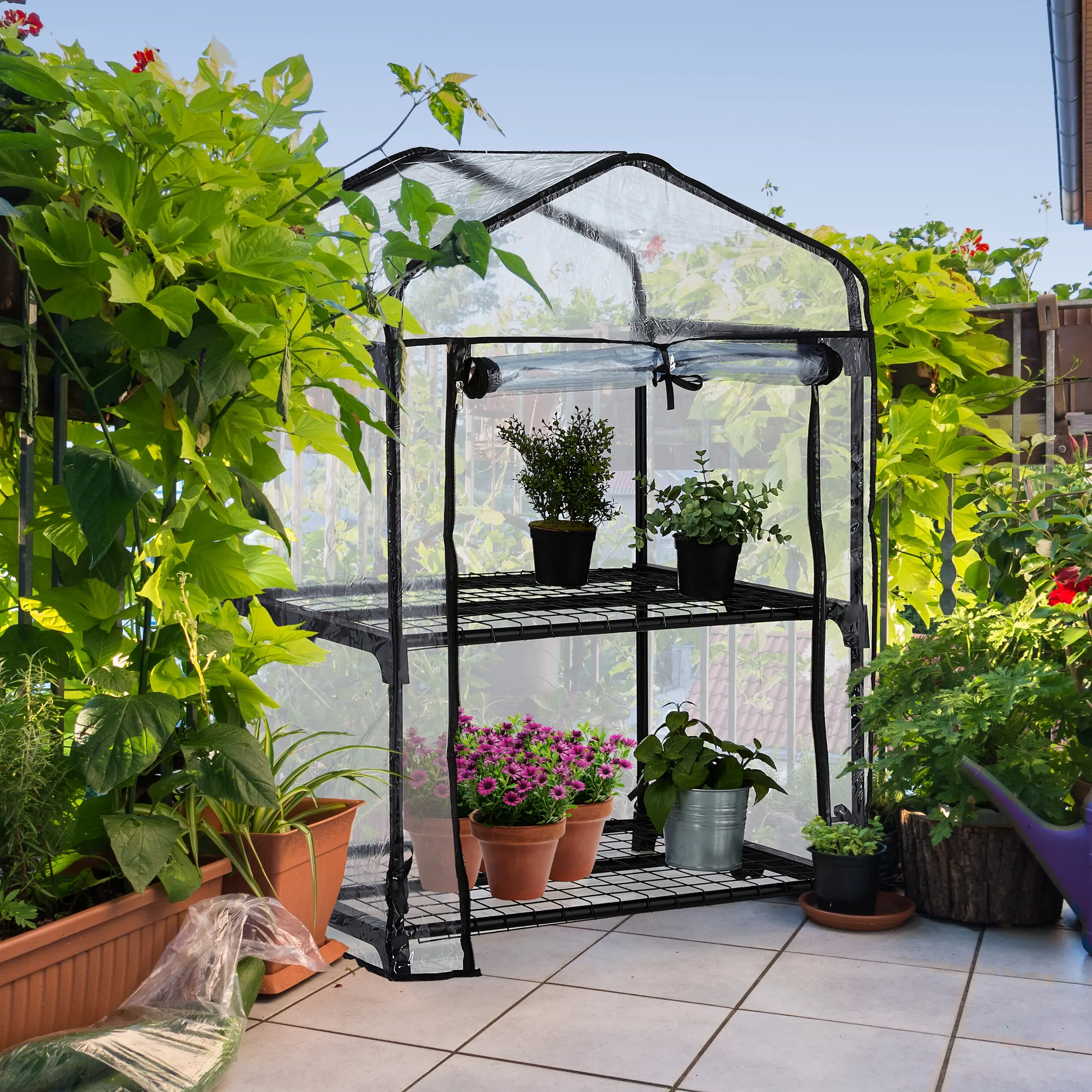 Relaxdays Serre de Balcon, 2 étagères, bâche en PVC, Acier, H x L x P : 94 x 67 x 49 cm, Transparent et Noir