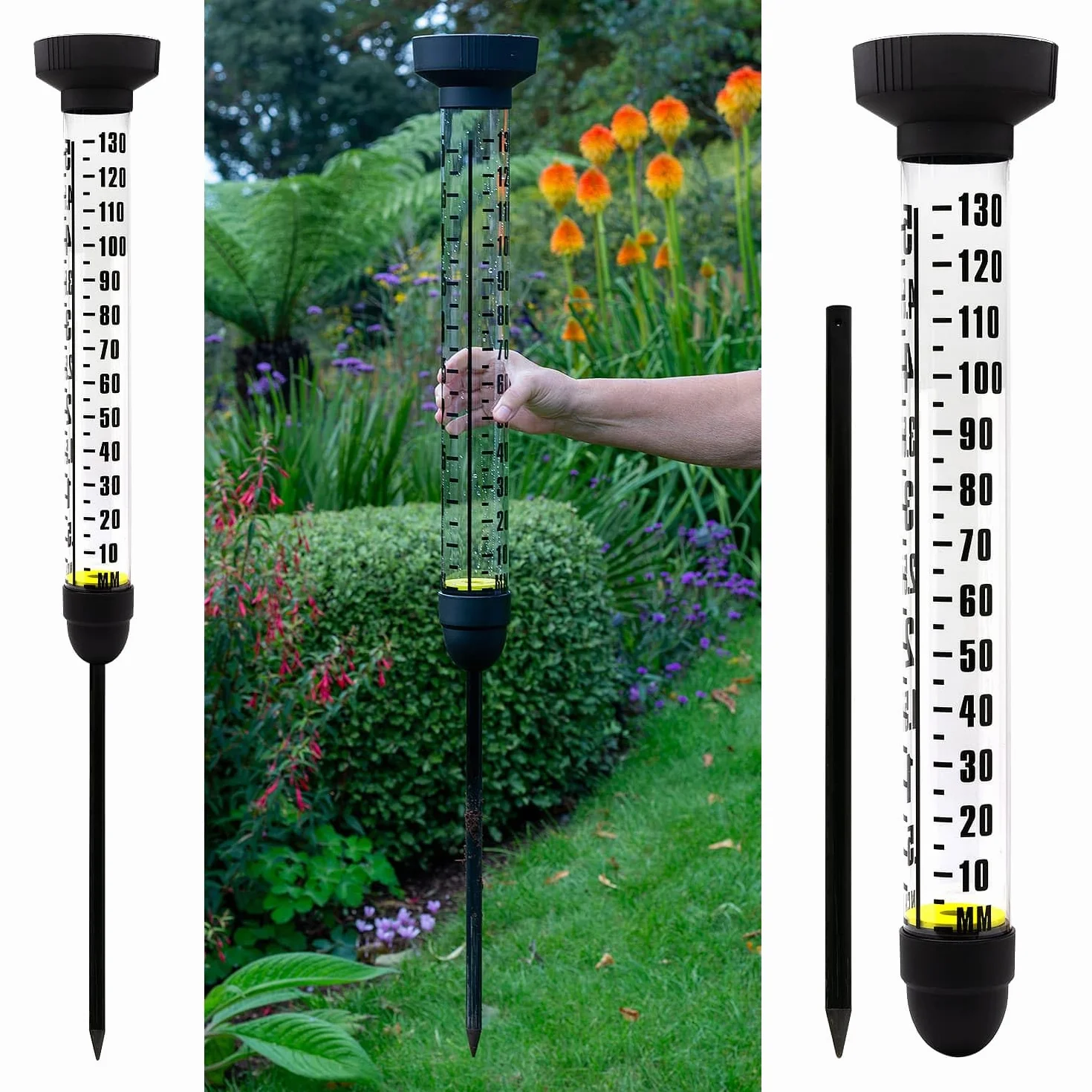 CKB LTD Pluviomètre avec Piquet pour Extérieur - Mesure Extra Large de la Pluie avec Double Échelle et Piquet au Sol pour Pelouses, Jardins, Fermes et Terrains de Golf 100 cm de Haut