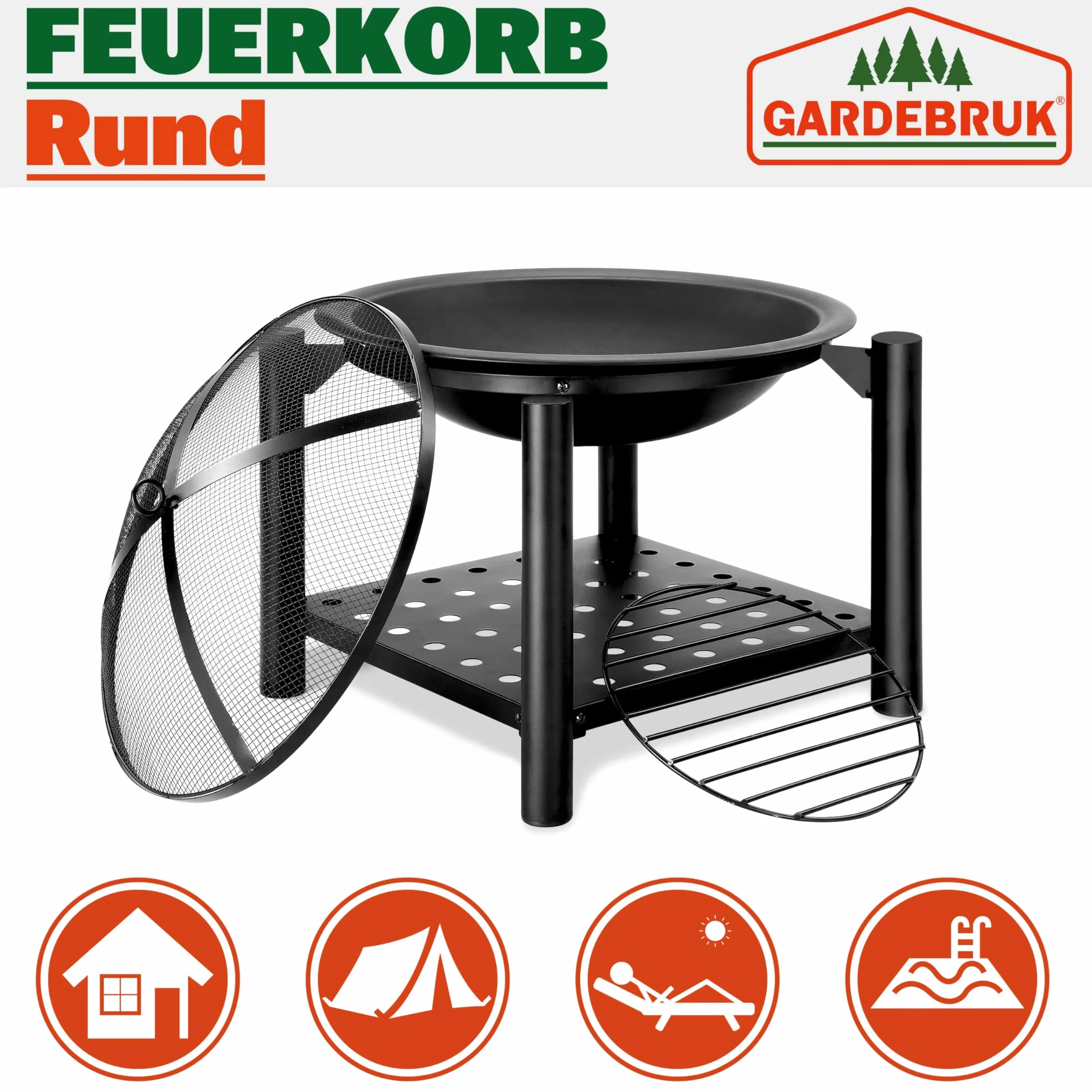 Gardebruk® Brasero de Jardin avec Pare-étincelles Couvercle tisonnier Ø55 cm Support à Bois Acier Noir Jardin Terrasse Cheminée