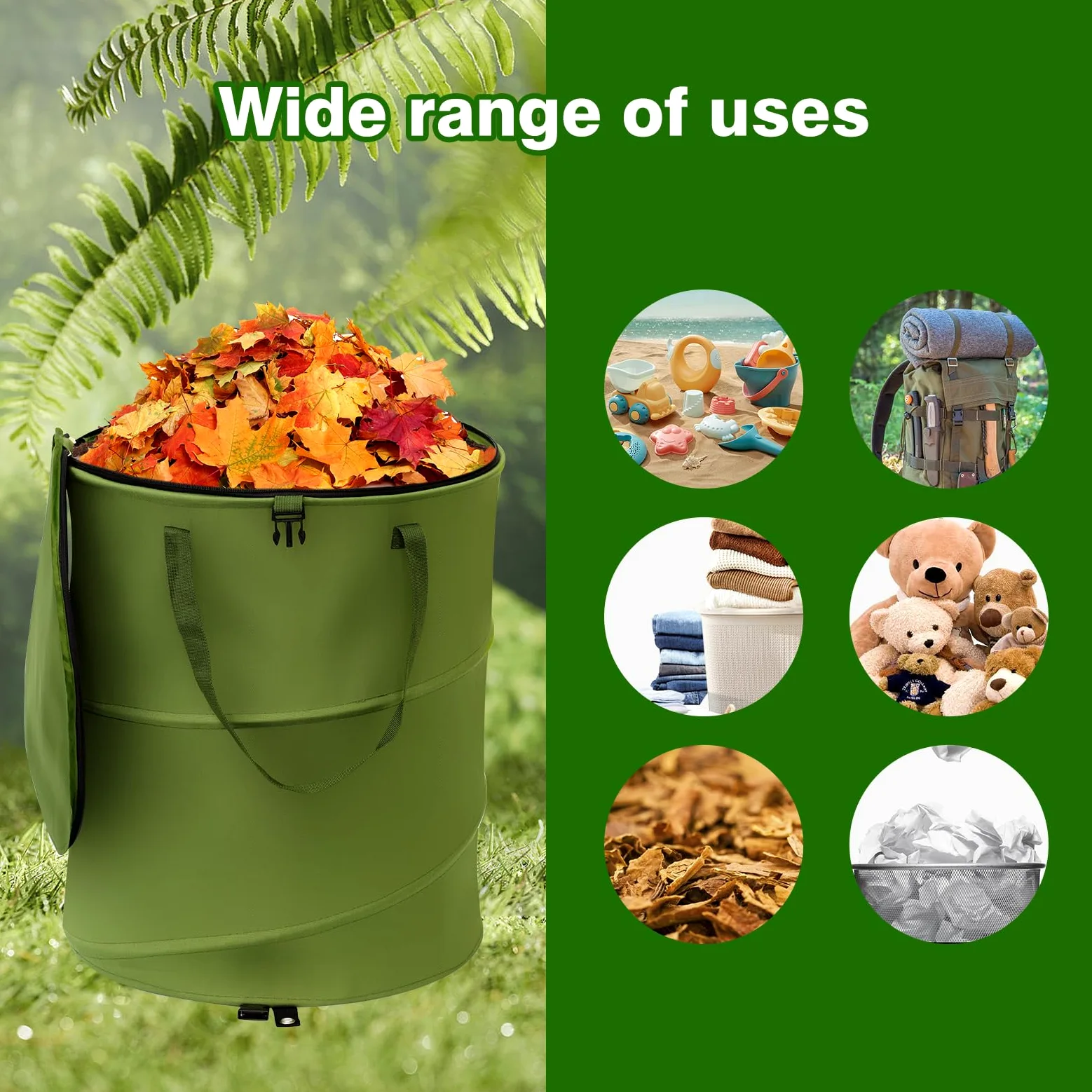 Lot de 2 sacs de jardin réutilisables pour pelouse et feuilles, pliables/dépliables, 45,7 x 55,9 cm et poubelle de recyclage avec couvercle pour rangement de la maison, du linge, du camping,