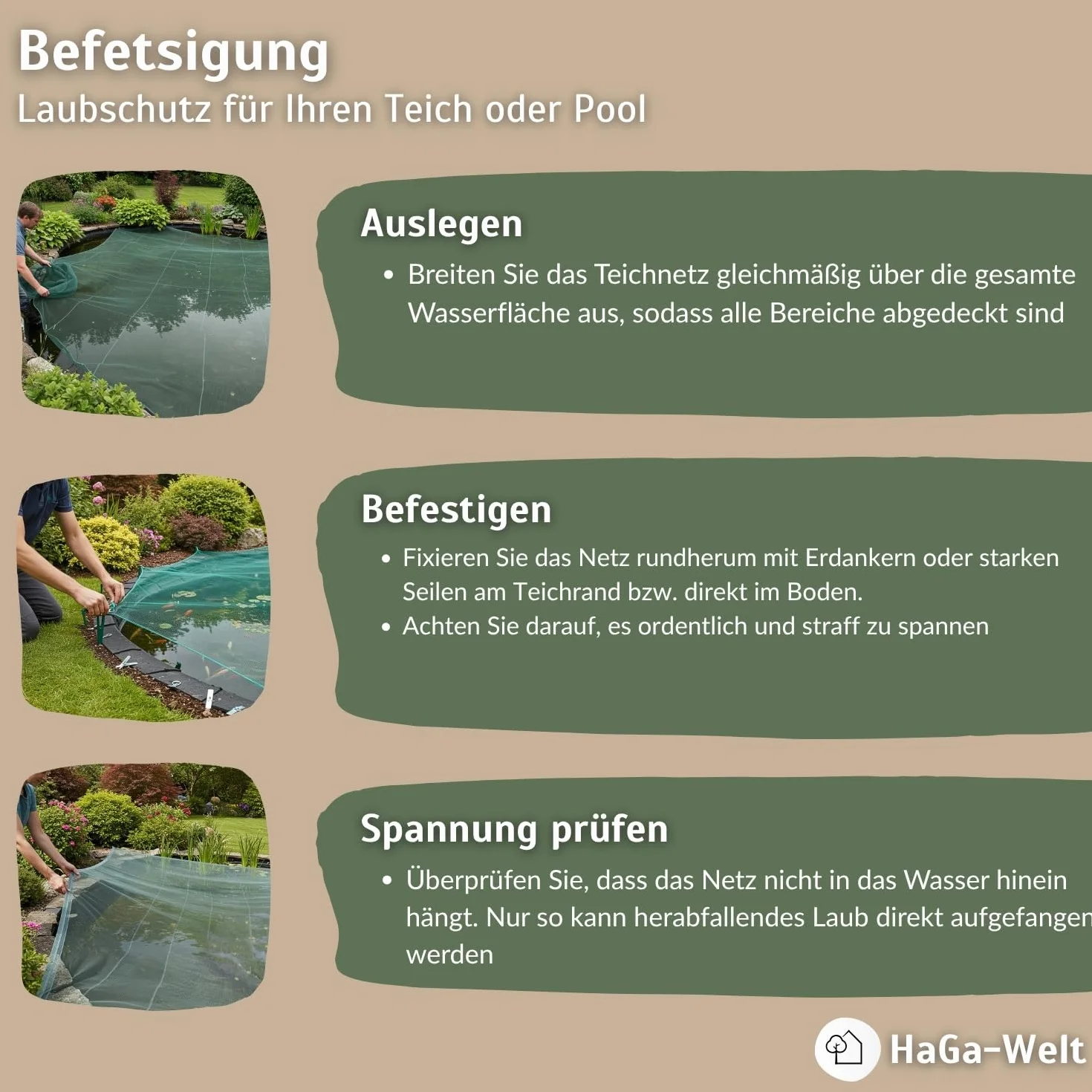 HaGa Premium Filet pour étang et piscine – 2,6 m x 5 m vert foncé – Filet de protection résistant aux UV à mailles fines