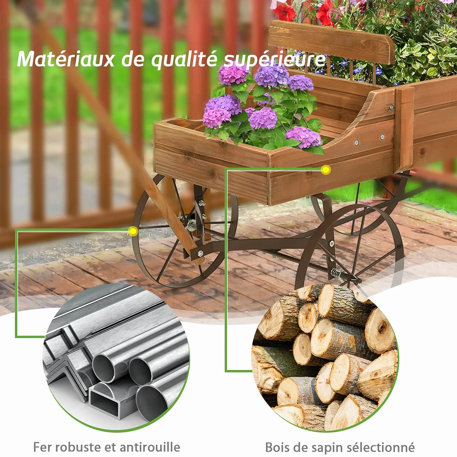 RELAX4LIFE Brouette Décorative en Bois avec 4 Roues en Métal, Chariot à Fleurs avec Capacité de Charge Jusqu'à 15 kg, Bac à Fleurs pour Jardin Balcon Terrasse (Marron)