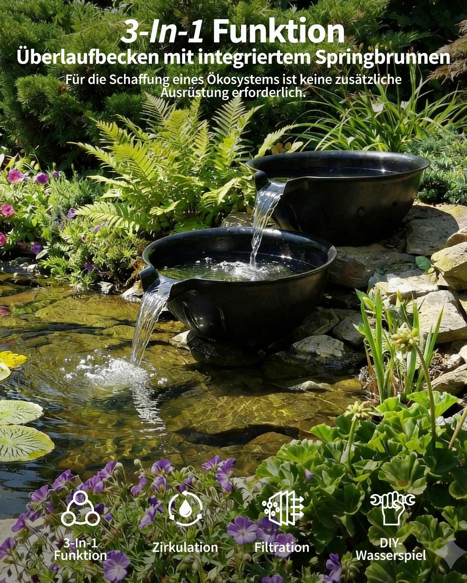 POPOSOAP Kit de Bassin et Cuvée de Déversoir, Fontaine avec Pompe de Bassin 2500 L/h pour Cascades, Plan d'eau DIY Intérieur/Extérieur Jardin