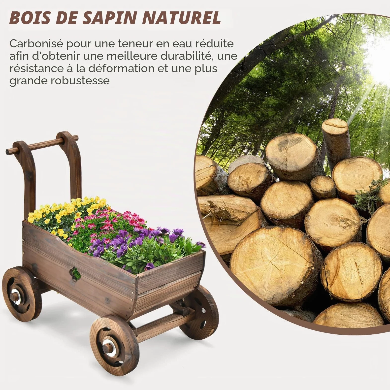 FANTASK Chariot à Fleurs en Bois avec Roues et poignée, Chariot de Plantation avec Trou de Drainage, Diable Rustique, pour Jardin, terrasse, Pot de Fleurs, brouette, décoration de Jardin, jardinière