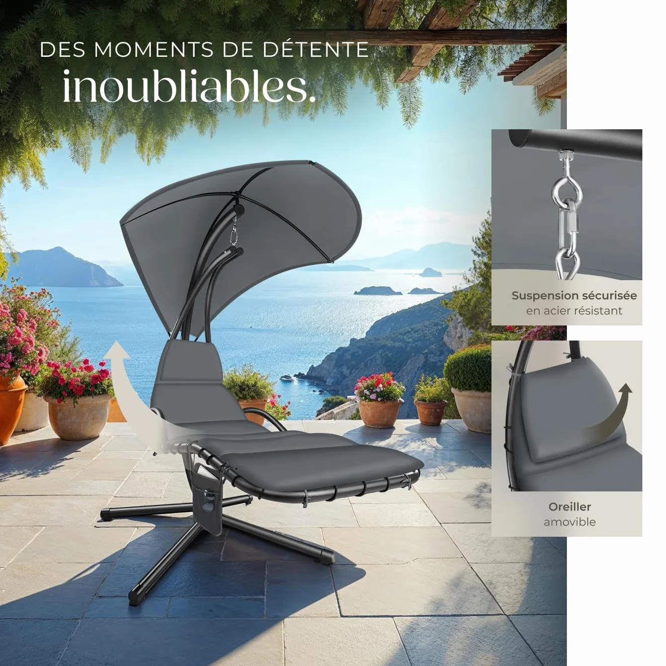 Bain de Soleil Suspendu avec Support, Parasol, Matelas, Protection UV et Poche Latérale