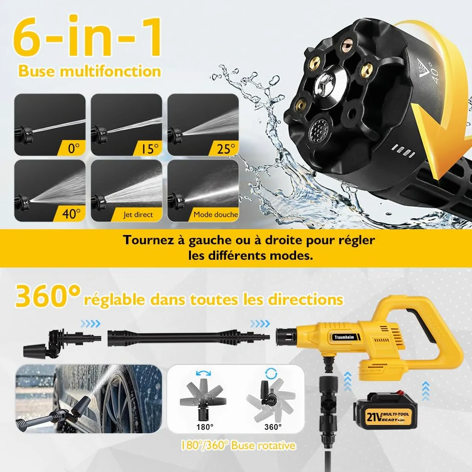 Nettoyeur Haute Pression à Batterie 21V, 68 Bar / 990 PSI, avec 2 Batteries de 4000 mAh, Ensemble d'accessoires de 17 pièces, Tige d'allongement,Jaune foncé | Moteur sans balais, buse rotative à 180°/360°, buse 6 en 1, raccord de bouteille, barre d'extens
