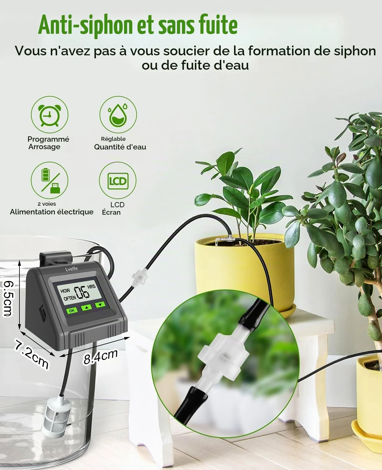 Lvelfe Système d'arrosage automatique, Kit d'irrigation goutte à goutte automatique, affichage LED et alimentation USB, système d'irrigation d'intérieur pour plantes en pot