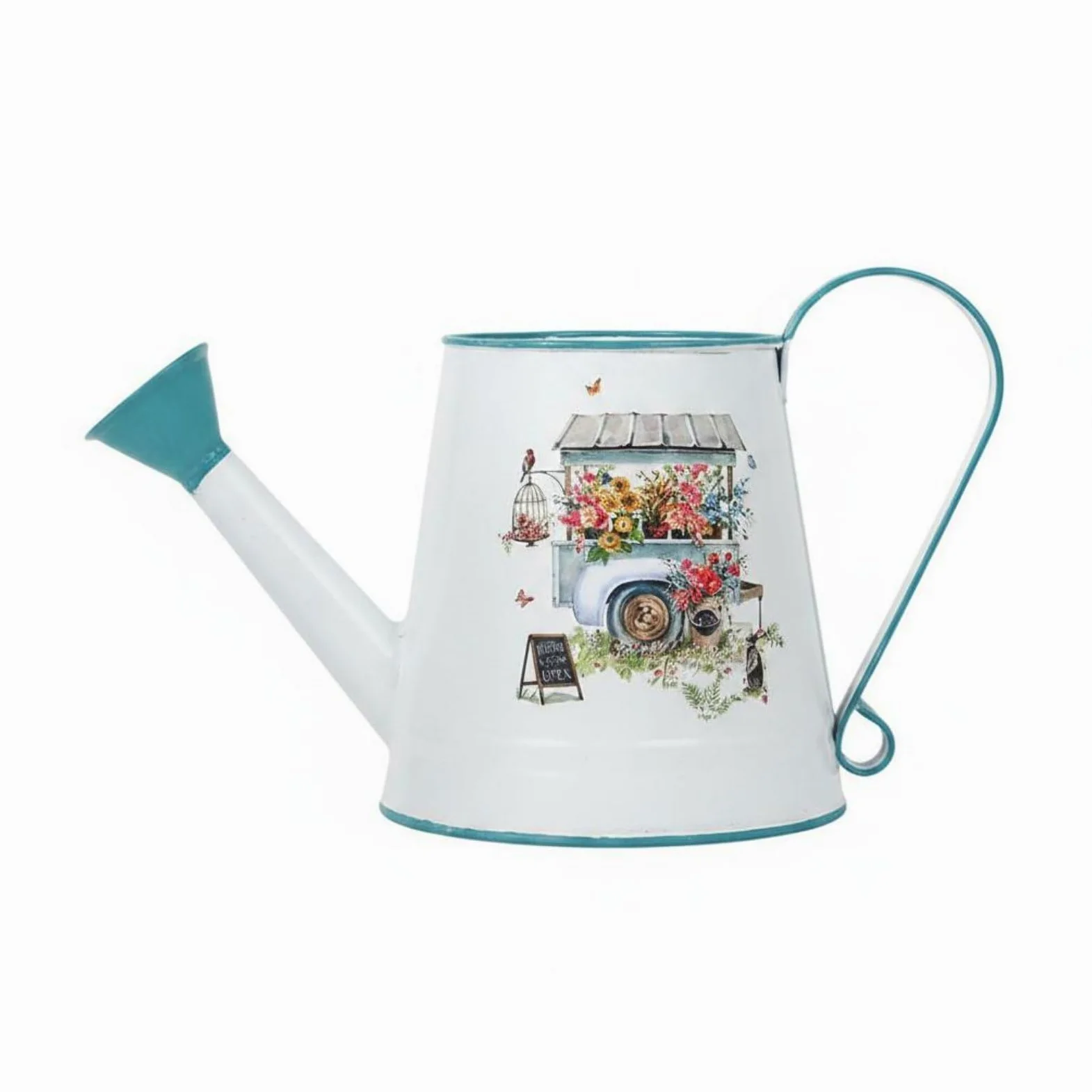 Arrosoir Métal Arrosoir Jardin Arrosoir, Blanc, Camion Fleuri avec Bordure Et Poignée Turquoise