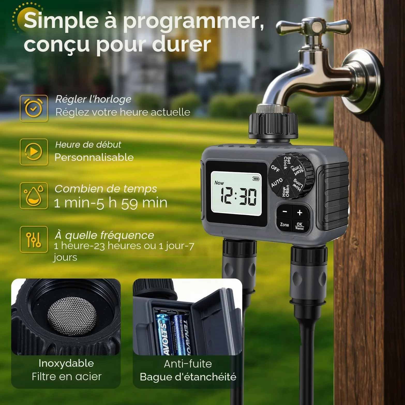 Ordinateur D'arrosage 2 Voies, Minuterie D'eau 2 Sorties avec Retard de Pluie/Mode Automatique et Manuel, IPX5 Étanche Programmateur Arrosage Connecté Minuterie D'irrigation pour Jardin Pelouse