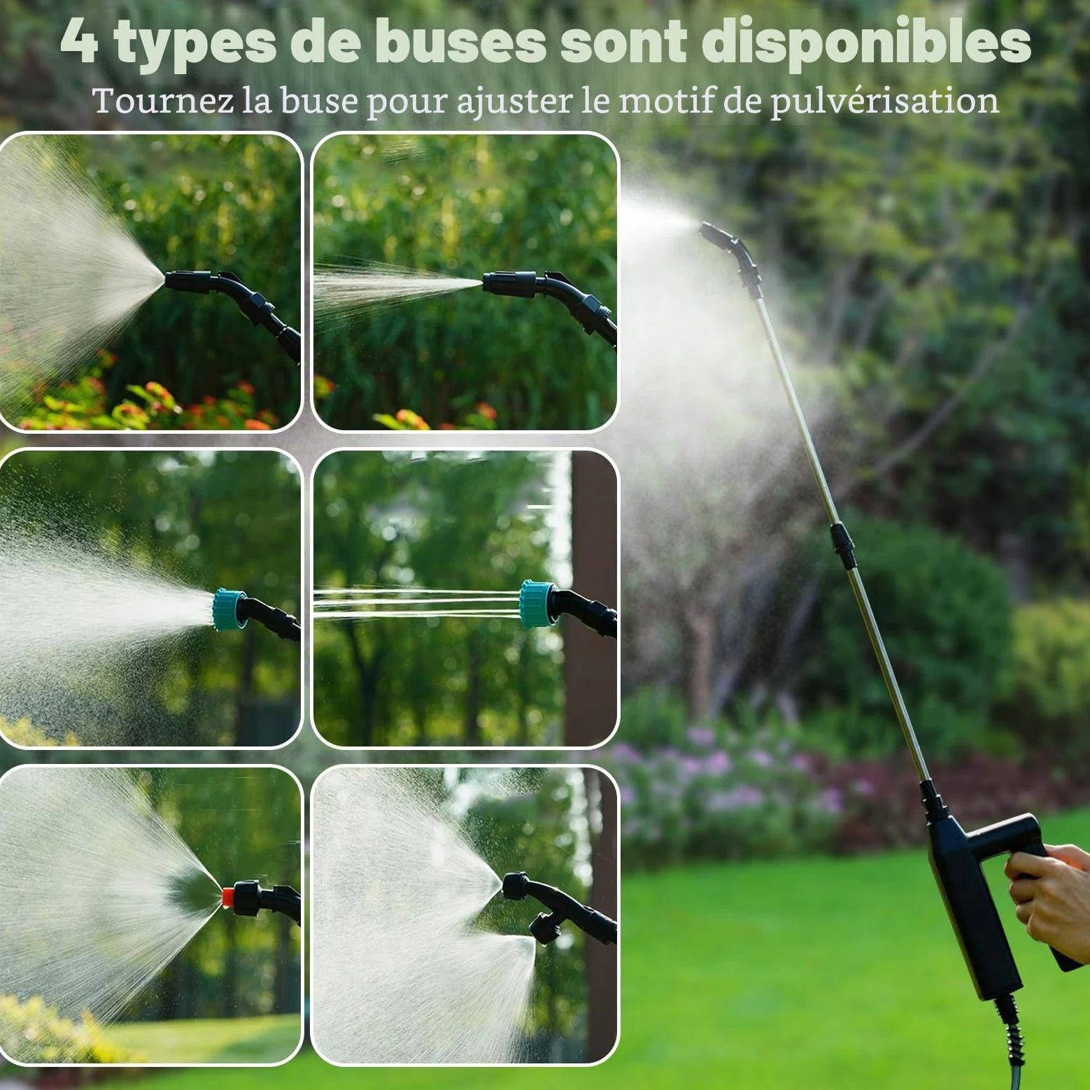 OBEST Pulvérisateur Électrique à Pression Multi-Vitesse Rechargeable | Perche Télescopique avec Tuyau de 5M et 4 Buses, Pulvérisateur Portable de Jardin pour Patio, Pelouse, Lavage de voiture