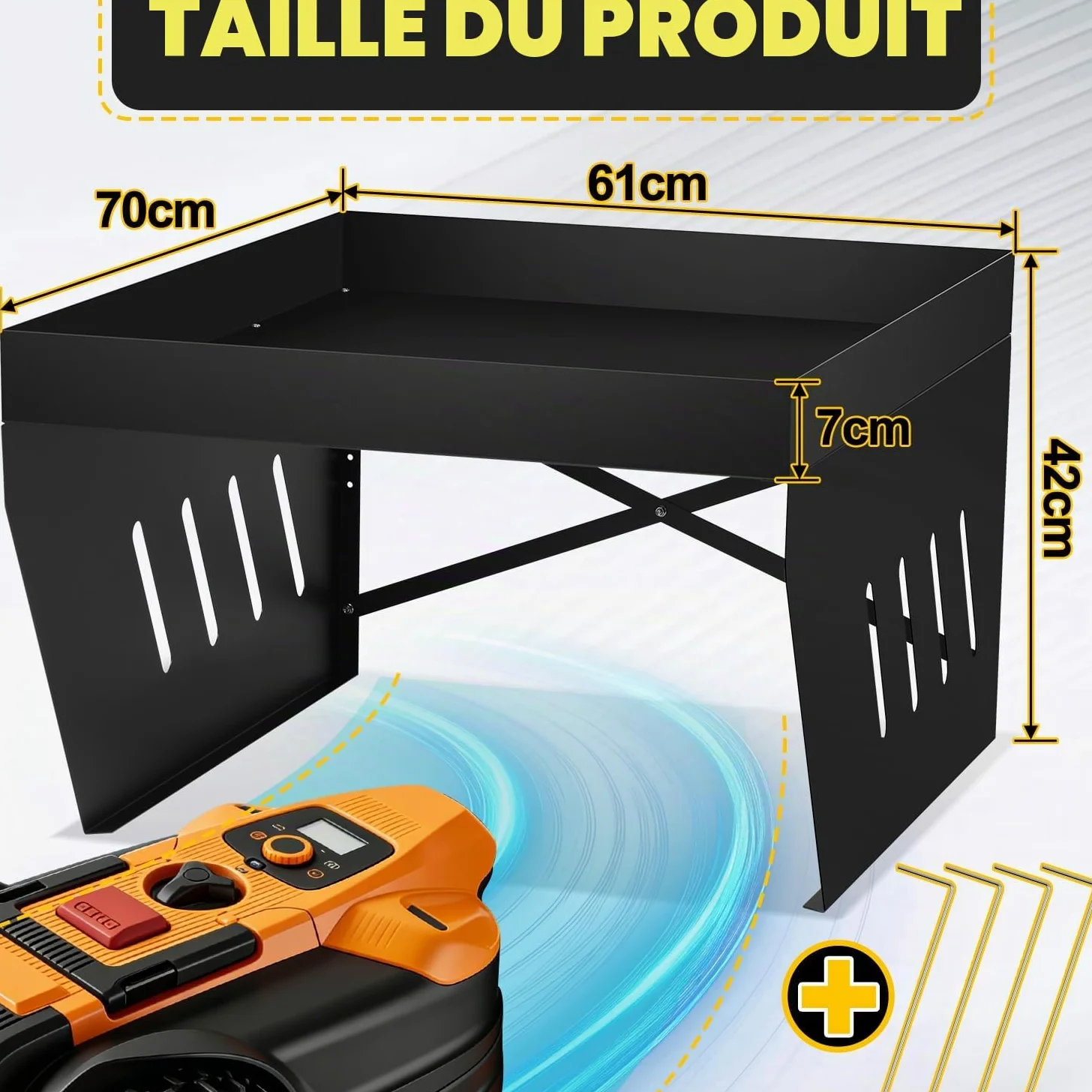 Garage pour robot tondeuse avec bac à plantes, toit en acier revêtu par pulvérisation pour robot à gazon, avec 4 ancrages au sol pour un maintien résistant aux tempêtes, protection contre la