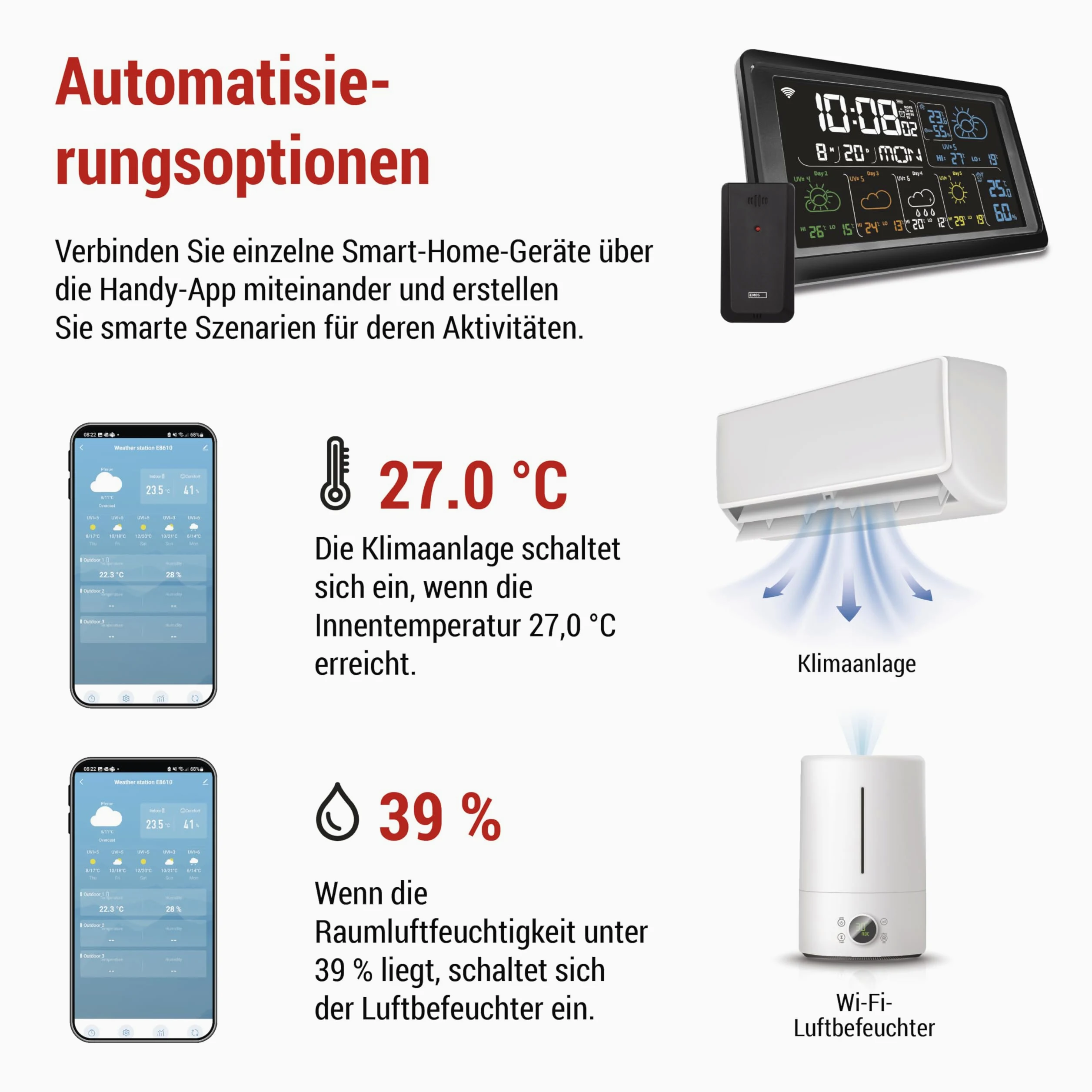 EMOS GoSmart - Station météo WiFi avec capteur extérieur sans fil et application - Écran couleur, prévisions météo sur 5 jours, thermomètre, hygromètre, horloge - Compatible Tuya, Smartlife - Avec