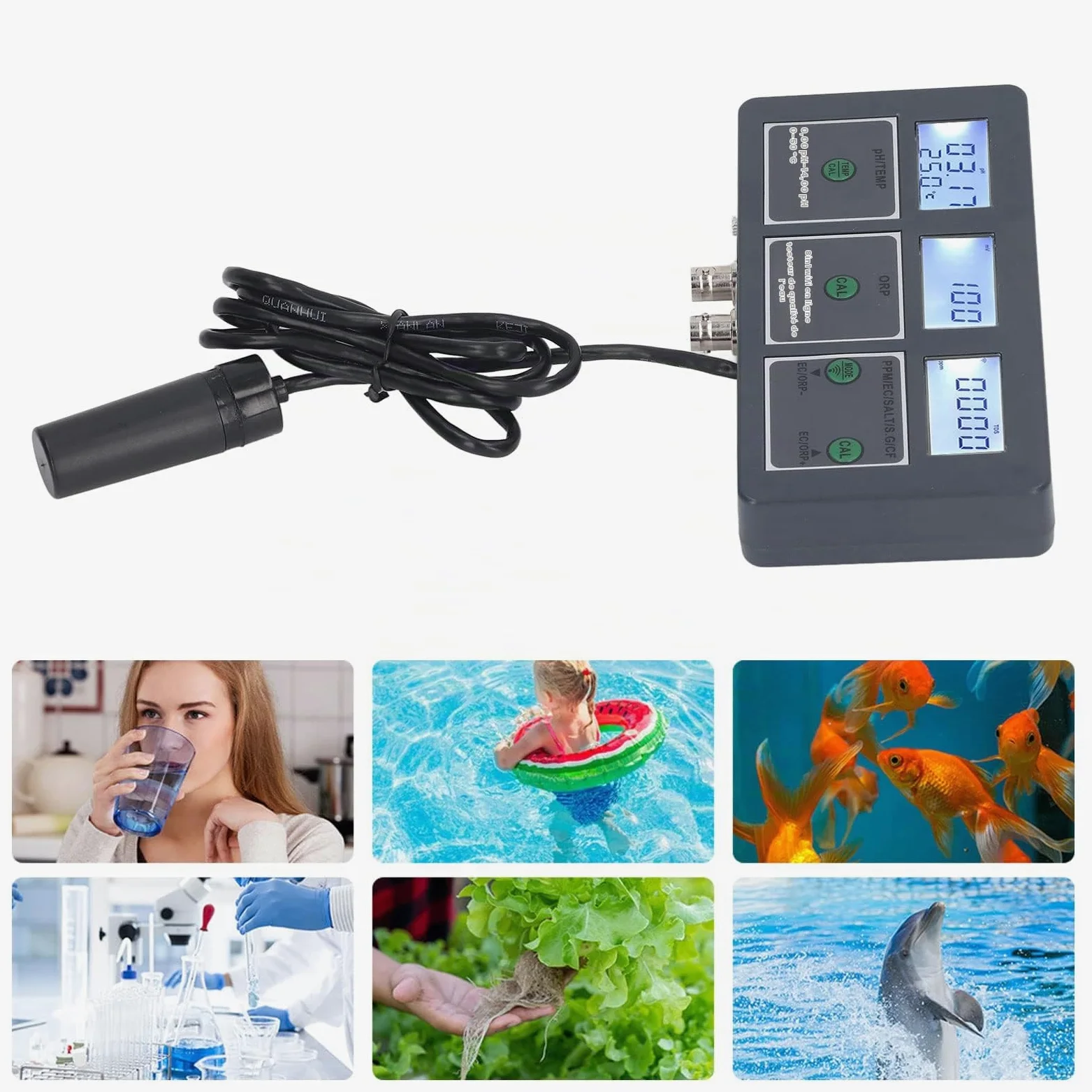 Testeur de Qualité de l'eau, 8 en 1 Testeur S.G Ph EC Salt Orp Tds CF Temp, Portable Kit d'analyse de l'eau pour l'eau Potable, Les piscines, Aquariums, Détecteur Hydroponique