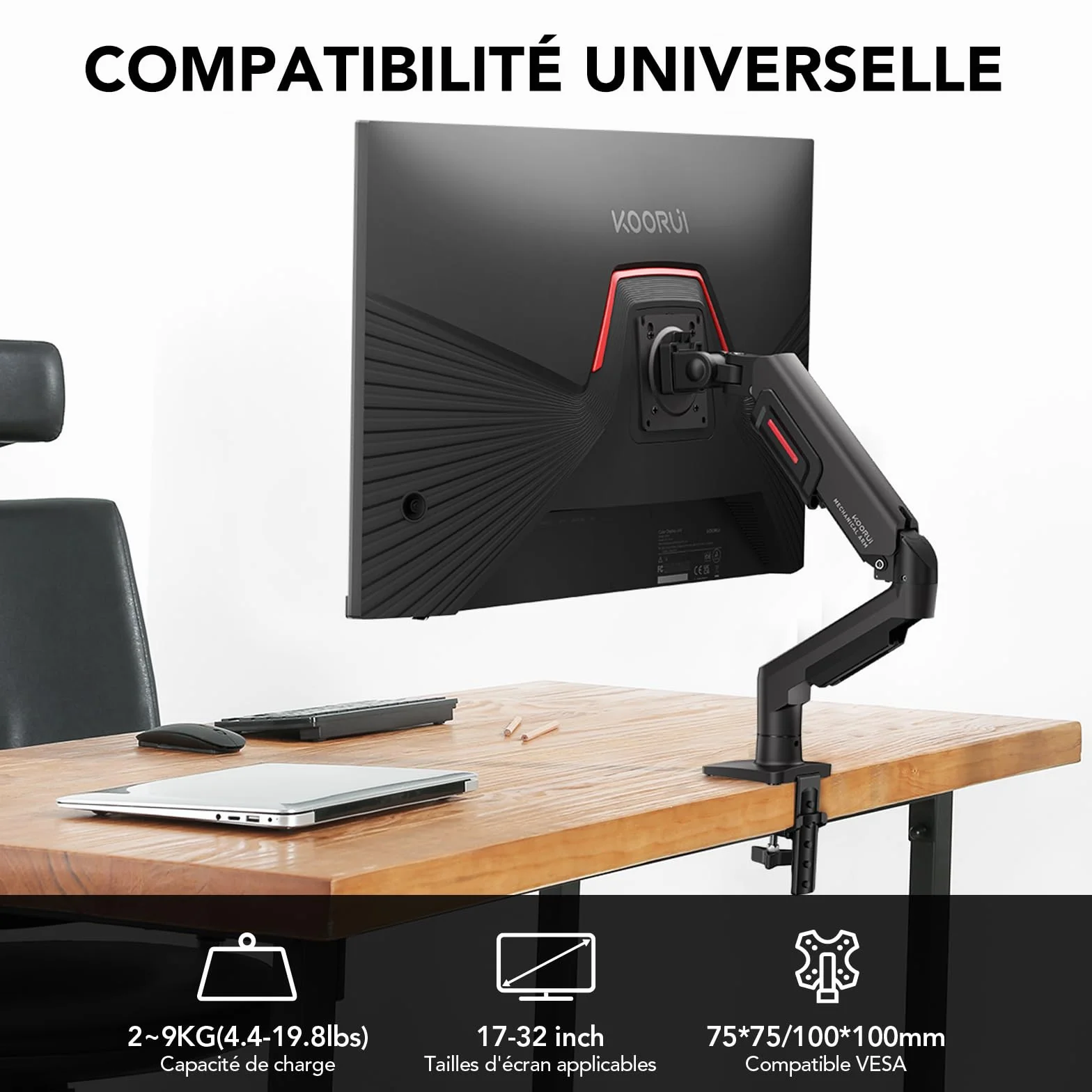 KOORUI Support Écran PC Moniteur Bras Ergonomique Réglable Hauteur Inclinaison Pivotant 17-32" VESA 75&100mm 2-9kg